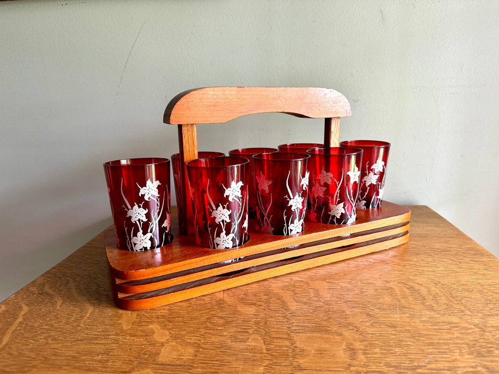 Set of 8 Ruby Red Anchor Hocking Juice Glasses | Anchor Hocking White Tiger Lilly Glasses | MCM Ruby Red With Tiger Lily Glasses with Caddy