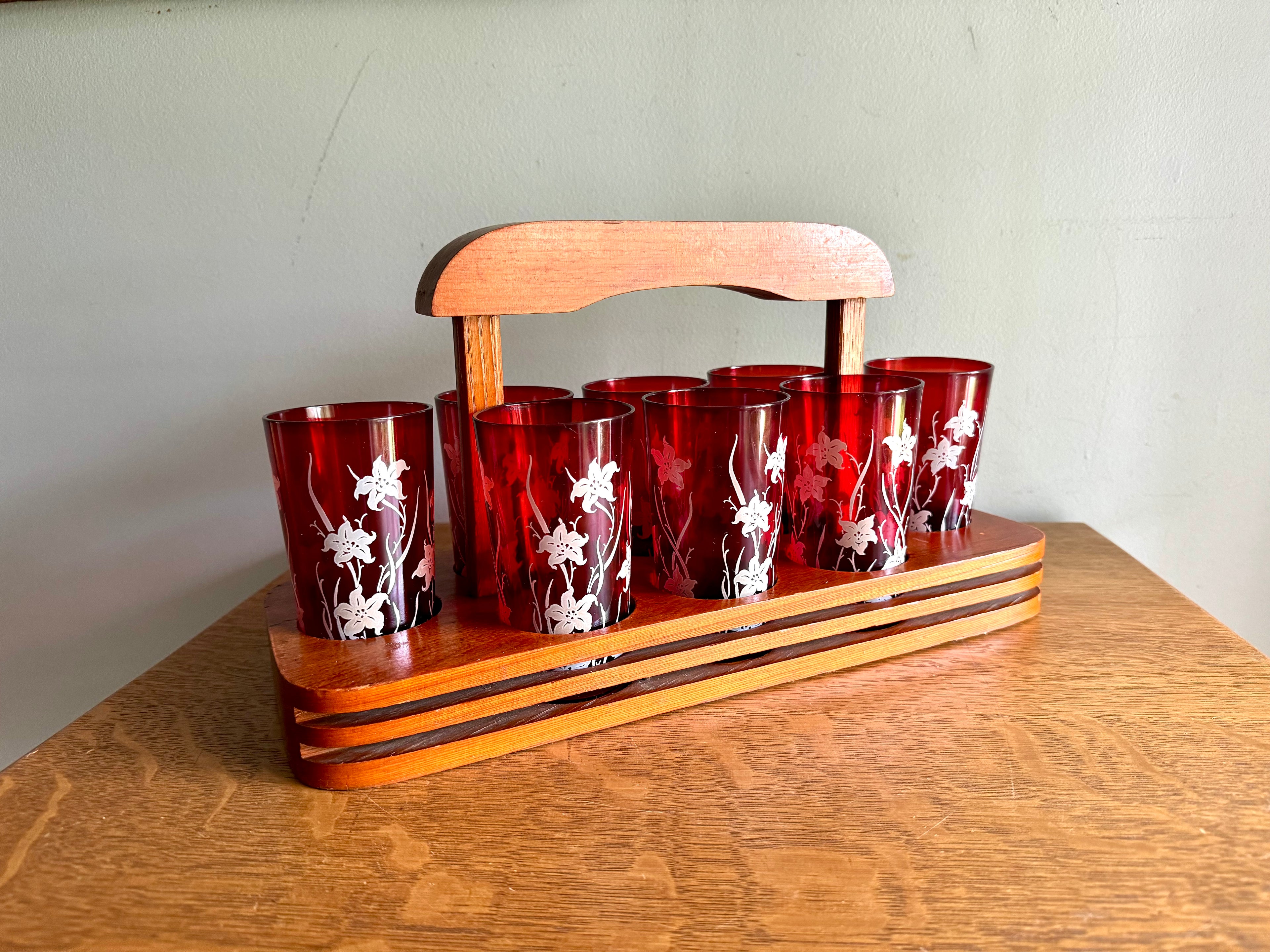 Set of 8 Ruby Red Anchor Hocking Juice Glasses | Anchor Hocking White Tiger Lilly Glasses | MCM Ruby Red With Tiger Lily Glasses with Caddy