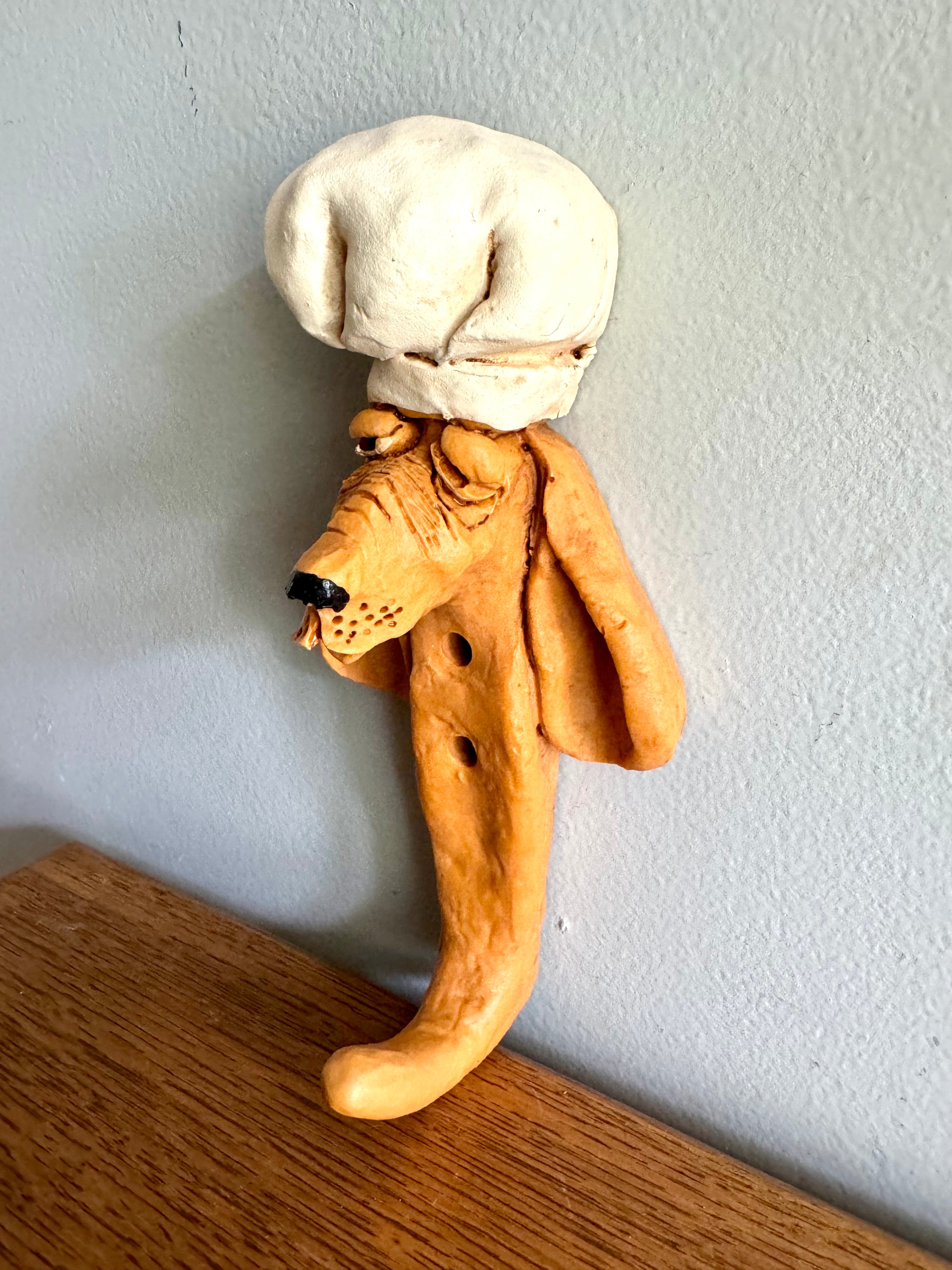 Vintage Unique Critters Hound Dog Kitchen Hook | Hound Dog Pottery Hook | Droopy Faced Dog with Chef's Hat Hook
