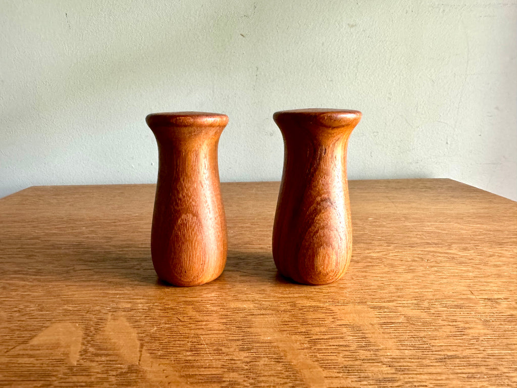 Vintage MCM Teak Wood Salt And Pepper Shakers | Danish Modern Salt and Pepper Shakers | Small Mushroom Style S & P Shakers| Turned Wood