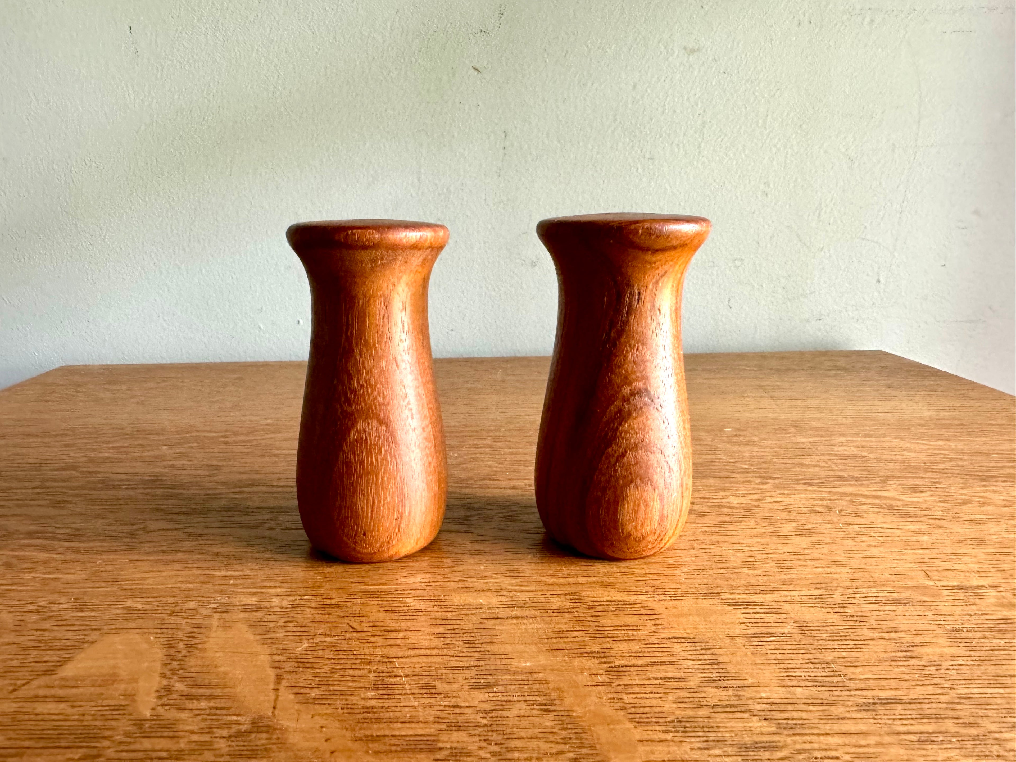 Vintage MCM Teak Wood Salt And Pepper Shakers | Danish Modern Salt and Pepper Shakers | Small Mushroom Style S & P Shakers| Turned Wood