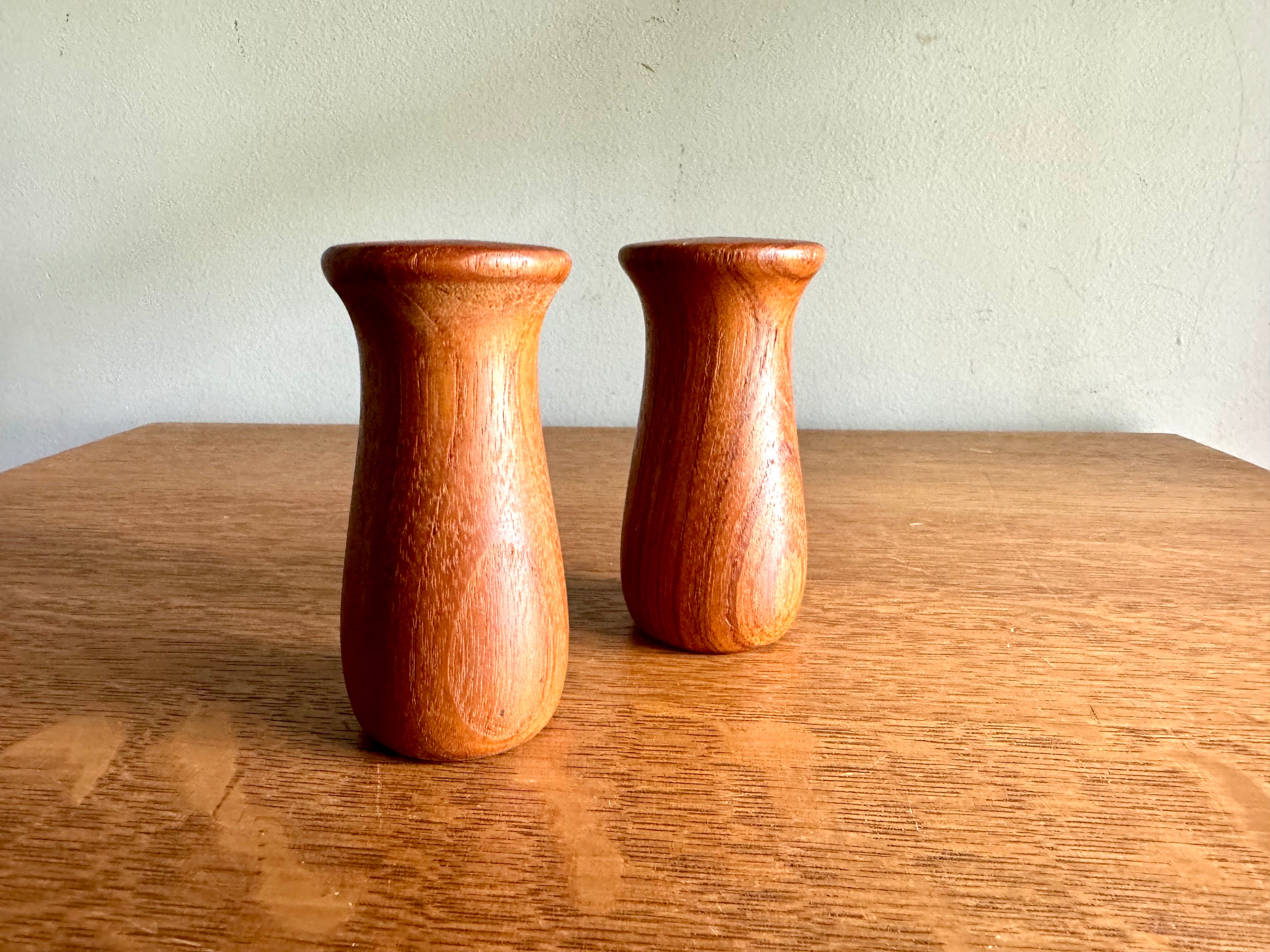 Vintage MCM Teak Wood Salt And Pepper Shakers | Danish Modern Salt and Pepper Shakers | Small Mushroom Style S & P Shakers| Turned Wood