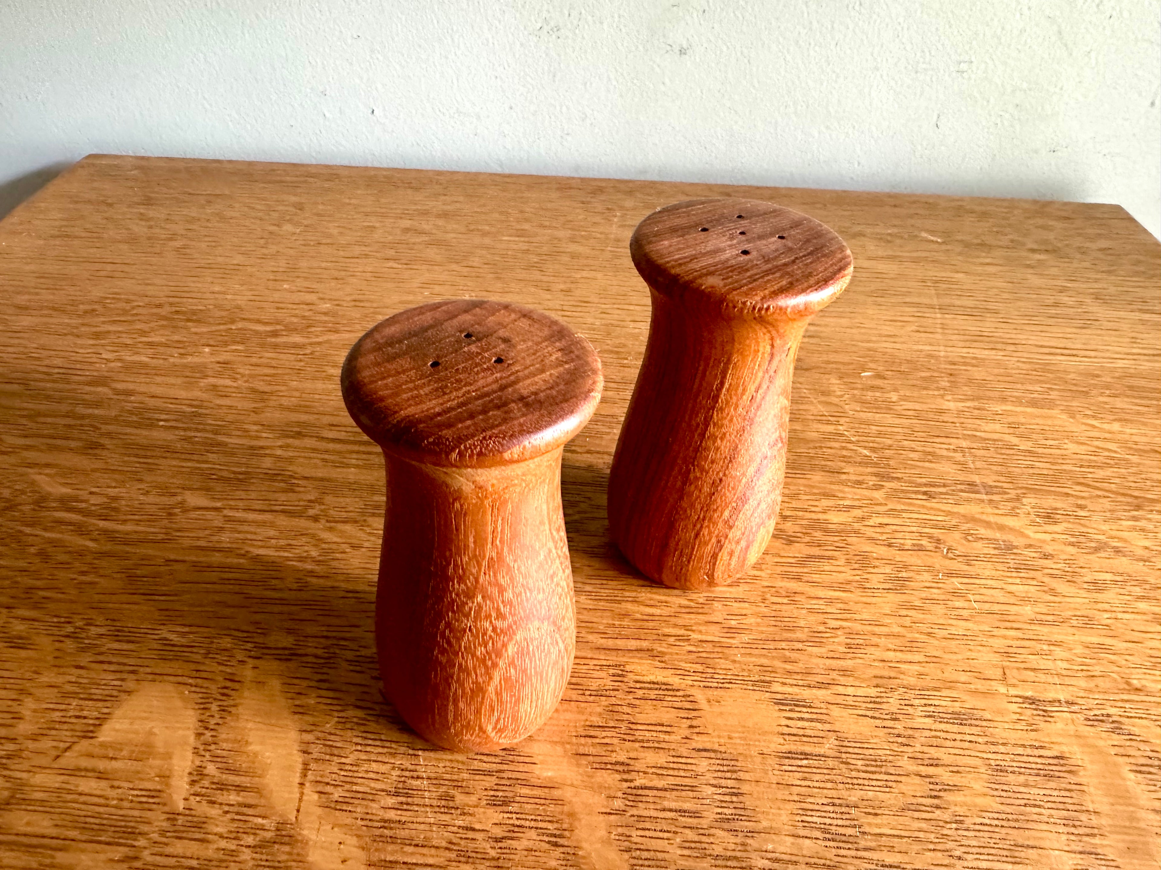 Vintage MCM Teak Wood Salt And Pepper Shakers | Danish Modern Salt and Pepper Shakers | Small Mushroom Style S & P Shakers| Turned Wood