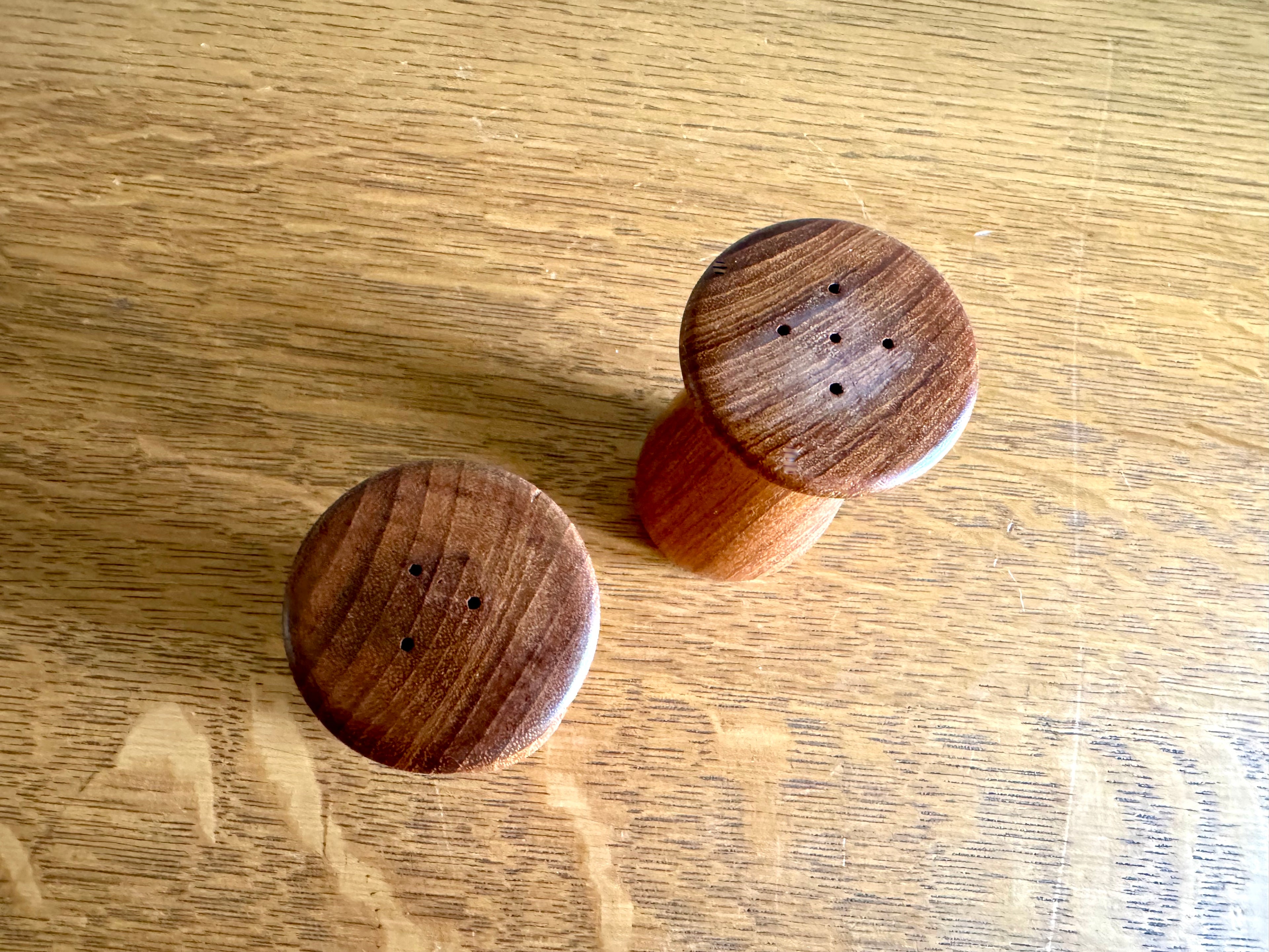 Vintage MCM Teak Wood Salt And Pepper Shakers | Danish Modern Salt and Pepper Shakers | Small Mushroom Style S & P Shakers| Turned Wood