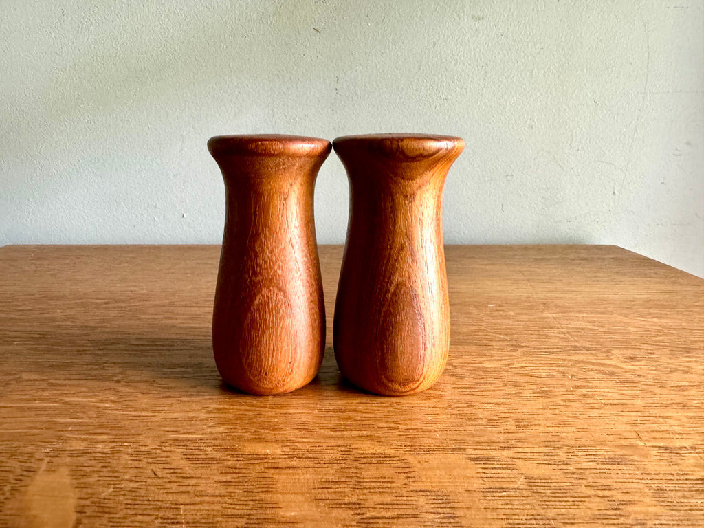 Vintage MCM Teak Wood Salt And Pepper Shakers | Danish Modern Salt and Pepper Shakers | Small Mushroom Style S & P Shakers| Turned Wood