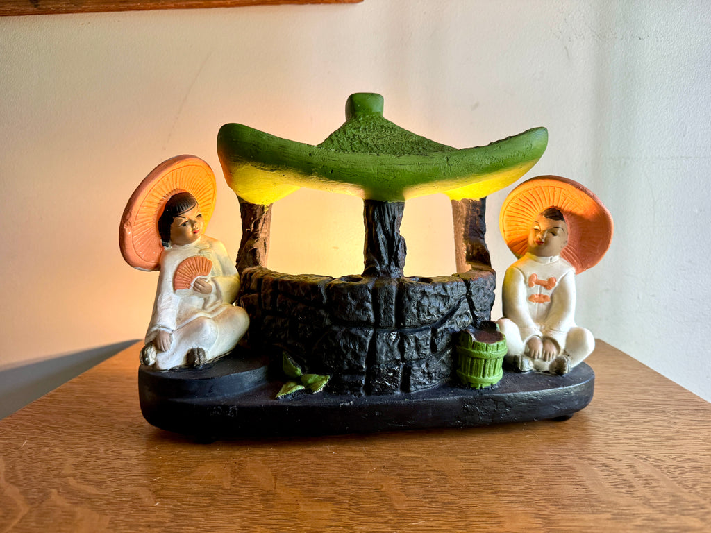 Mid Century Asia Modern TV Lamp With Pagoda and Seated Figures by Silvestri Bros