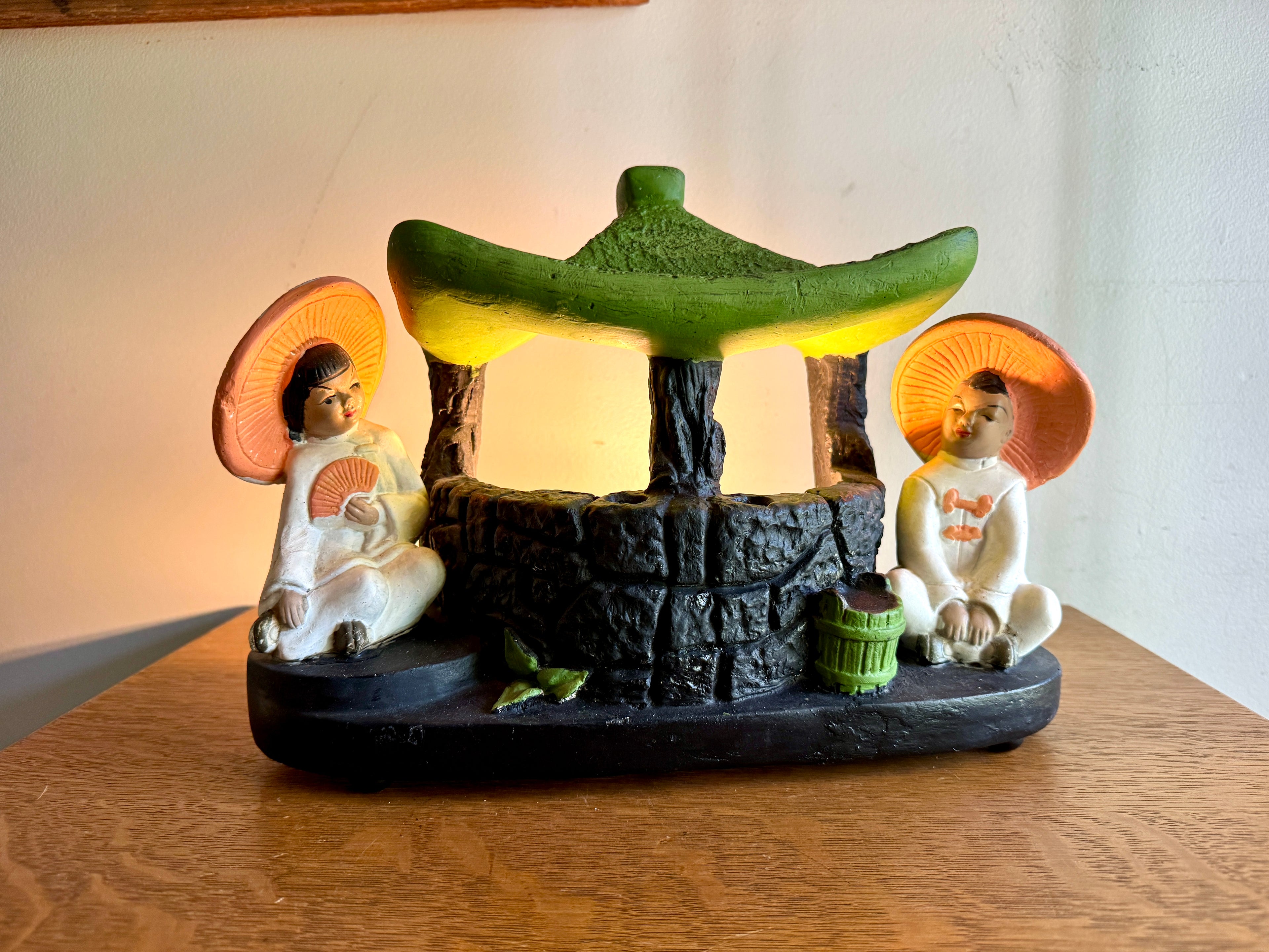 Mid Century Asia Modern TV Lamp With Pagoda and Seated Figures by Silvestri Bros
