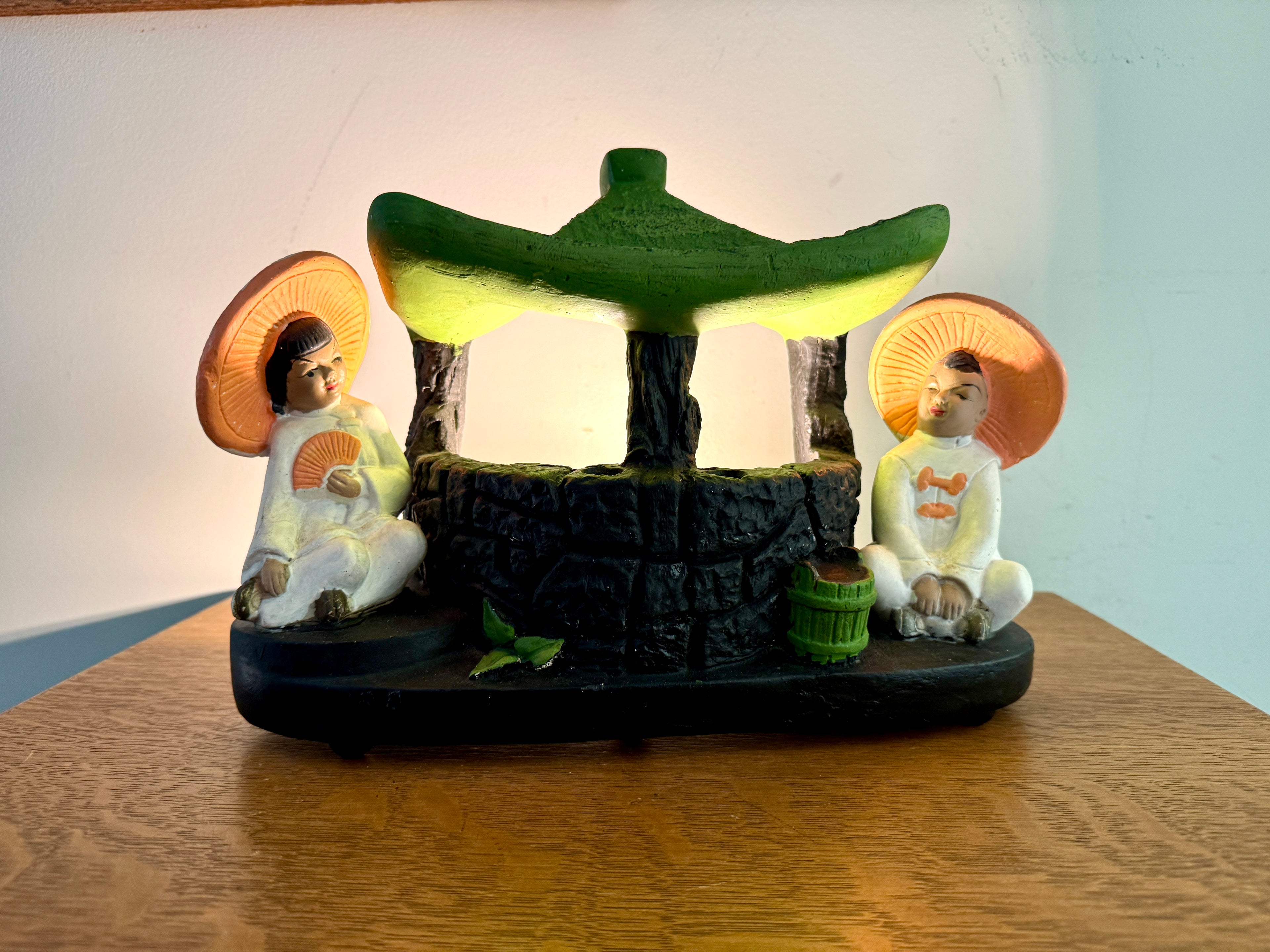 Mid Century Asia Modern TV Lamp With Pagoda and Seated Figures by Silvestri Bros