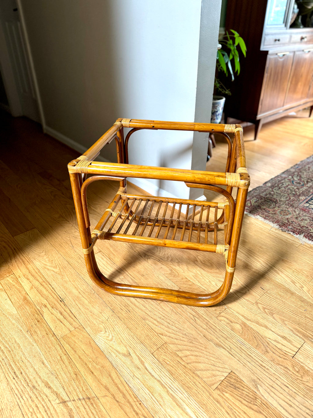 Vintage Franco Albini Style Bamboo End Table Frame | Albini Style Rattan Side Table | MCM Boho Rattan Table Frame | 2 Tier Bamboo Table