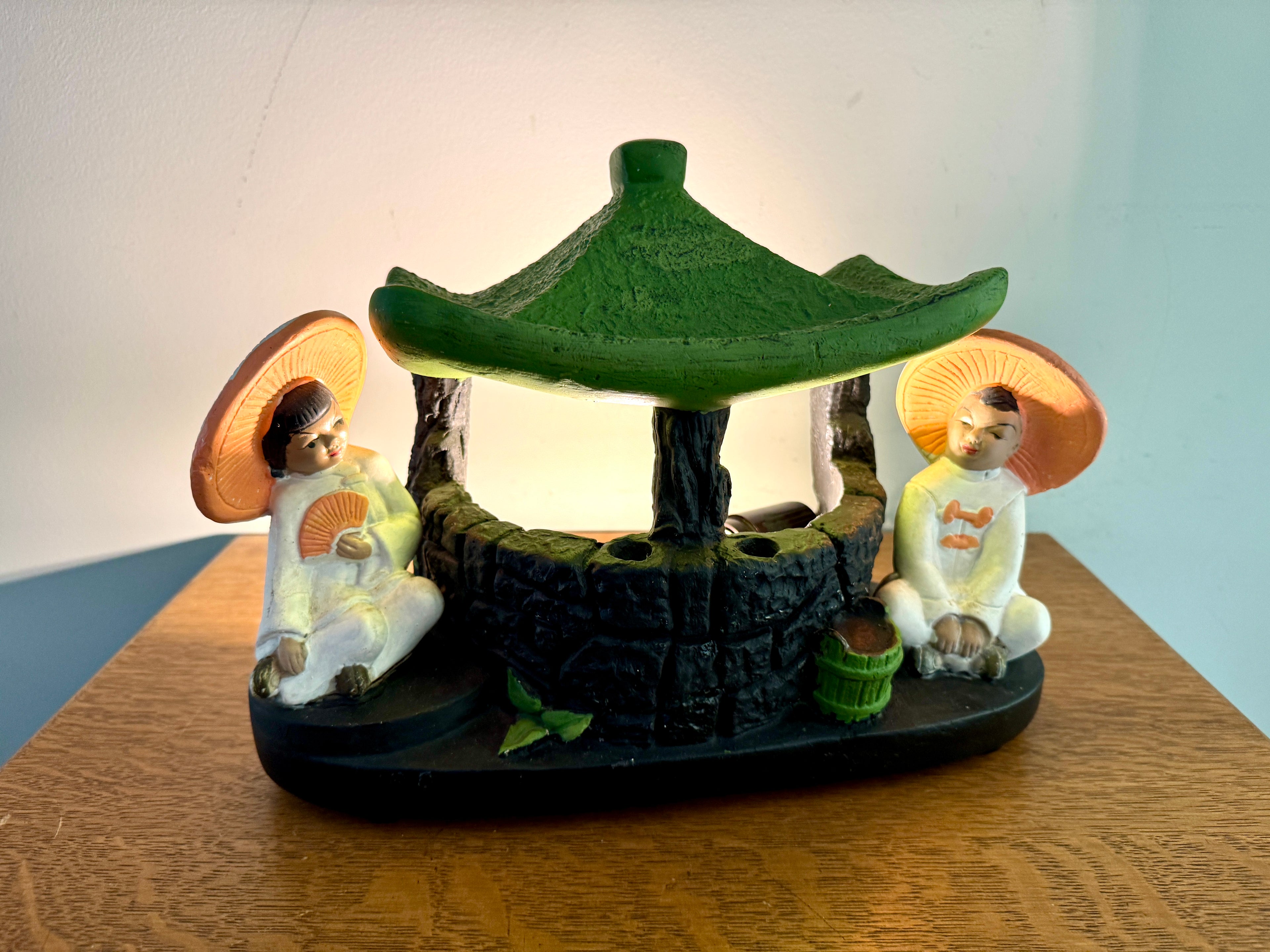 Mid Century Asia Modern TV Lamp With Pagoda and Seated Figures by Silvestri Bros