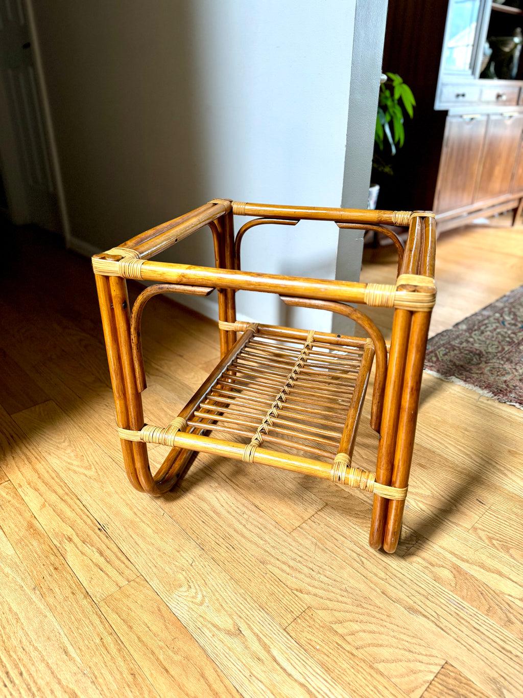 Vintage Franco Albini Style Bamboo End Table Frame | Albini Style Rattan Side Table | MCM Boho Rattan Table Frame | 2 Tier Bamboo Table