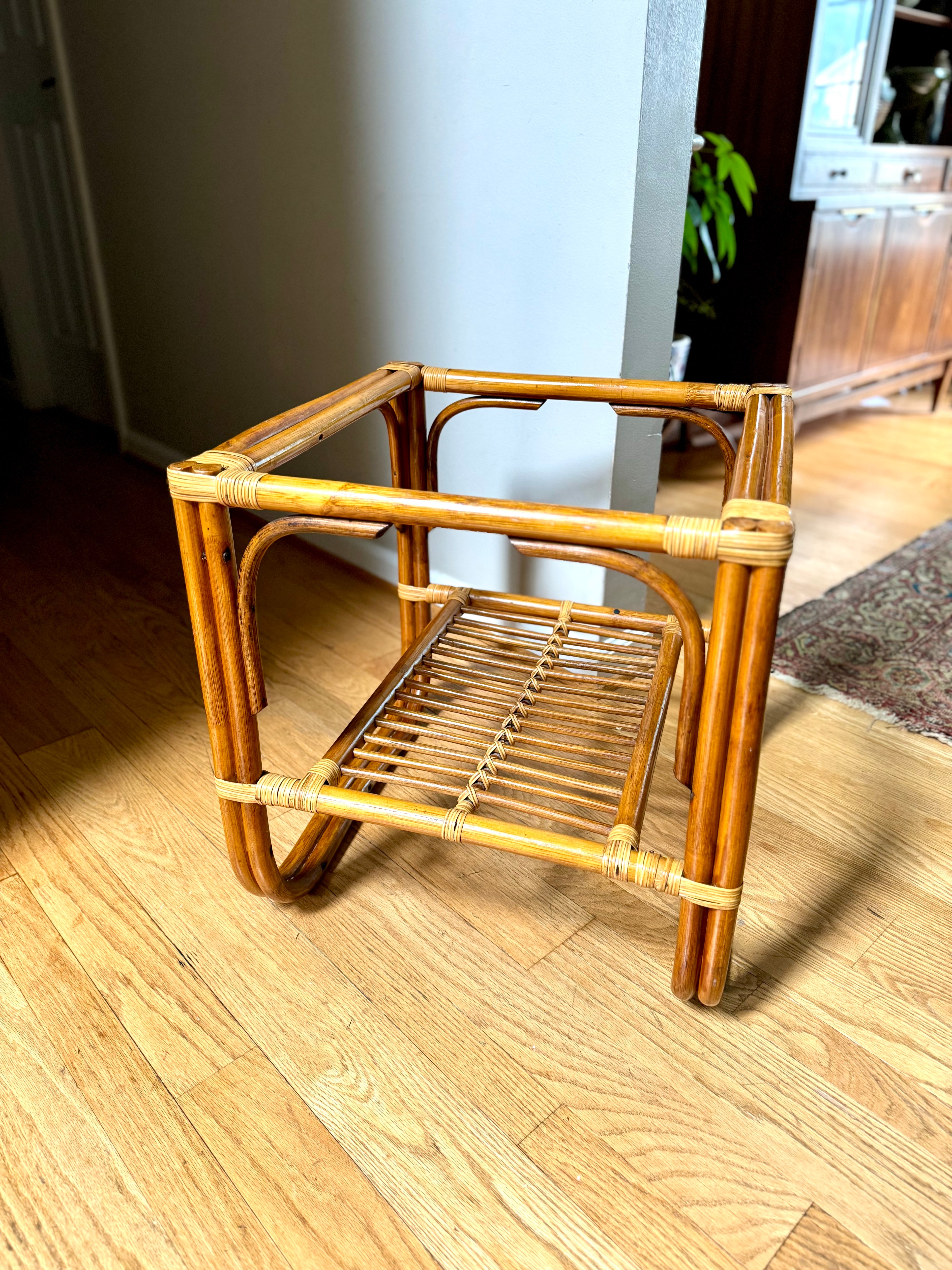 Vintage Franco Albini Style Bamboo End Table Frame | Albini Style Rattan Side Table | MCM Boho Rattan Table Frame | 2 Tier Bamboo Table