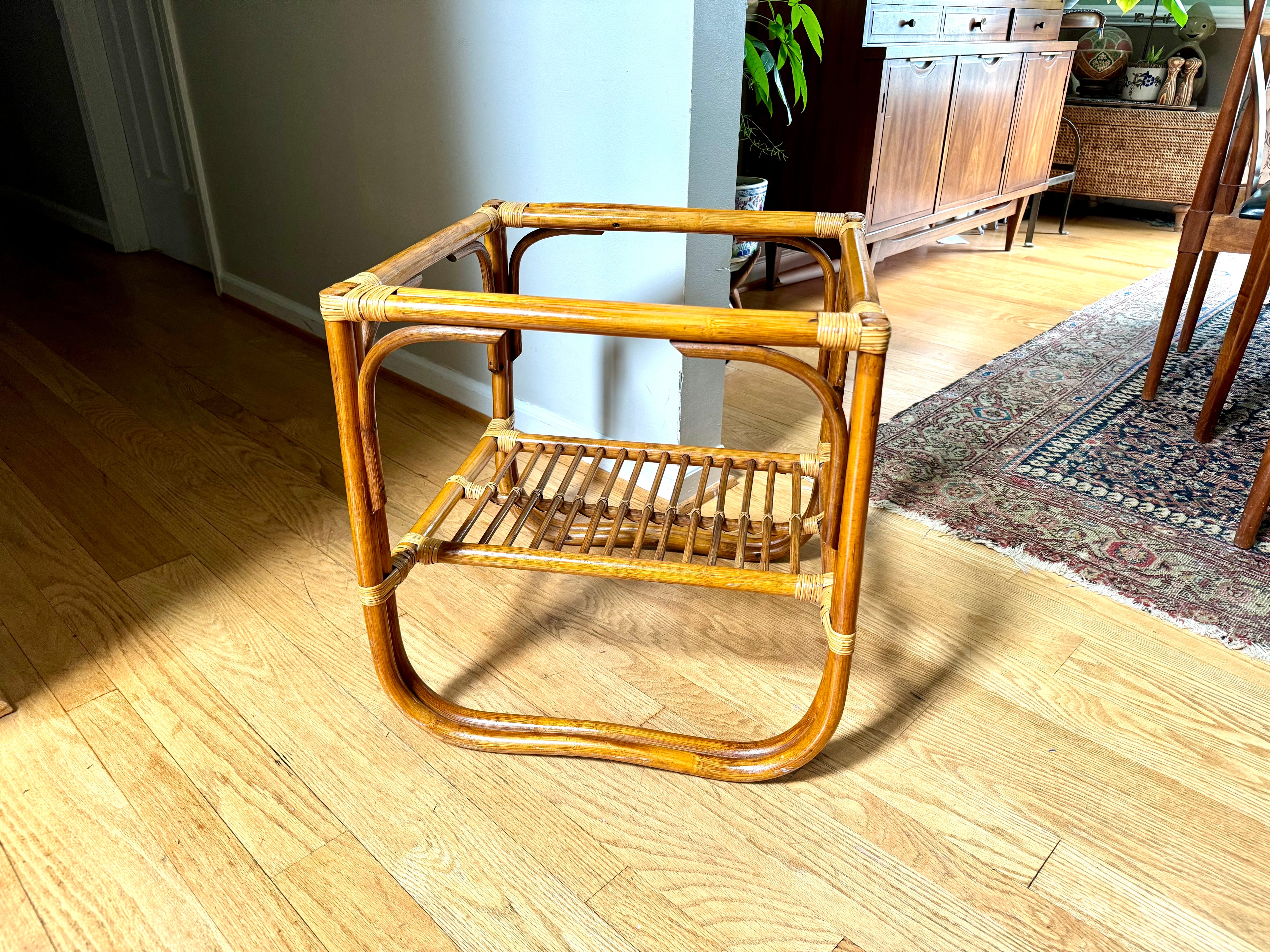 Vintage Franco Albini Style Bamboo End Table Frame | Albini Style Rattan Side Table | MCM Boho Rattan Table Frame | 2 Tier Bamboo Table