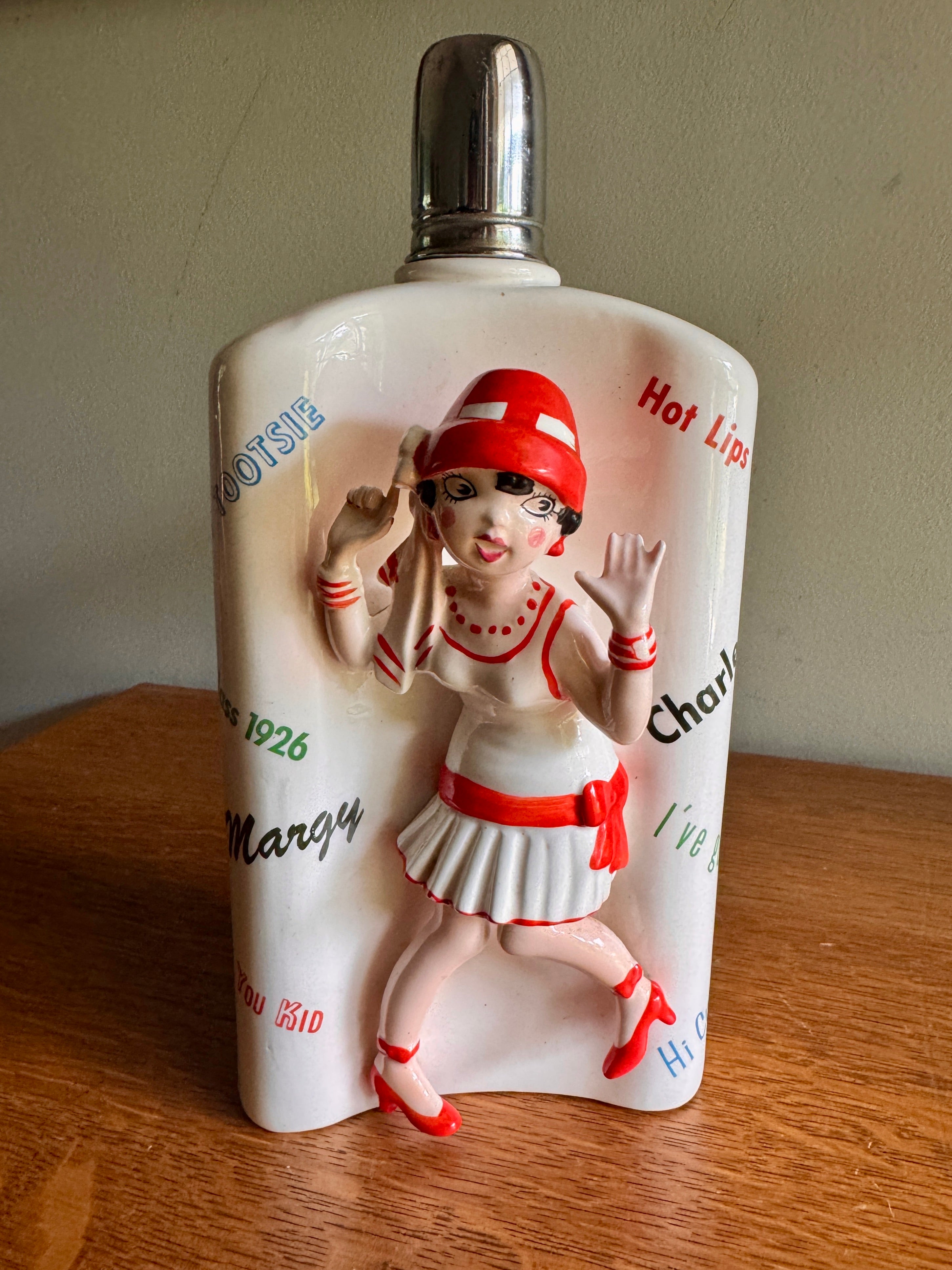 Flapper Girl Decanter, Ceramic Roaring 20's Theme Flask ~ 3D Flapper Girl Flask ~ Japan Novelty Flask ~ Roaring 20s Bar Decor ~ Swing Music Flask