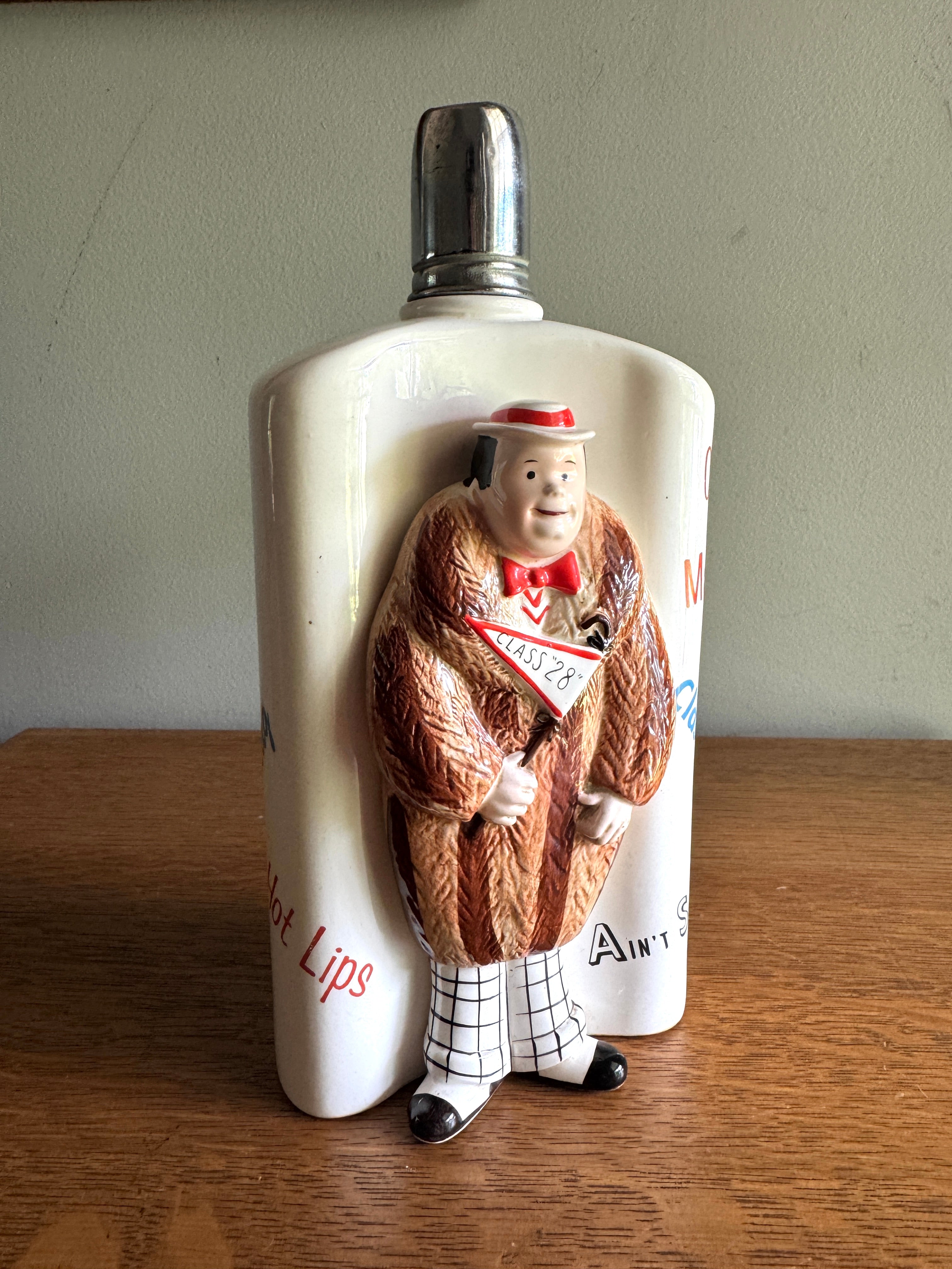 Ceramic Roaring 20's Theme Flask ~ 3D Gentleman in Raccoon Coat Flask ~ Japan Novelty Flask ~ Roaring 20s Bar Decor