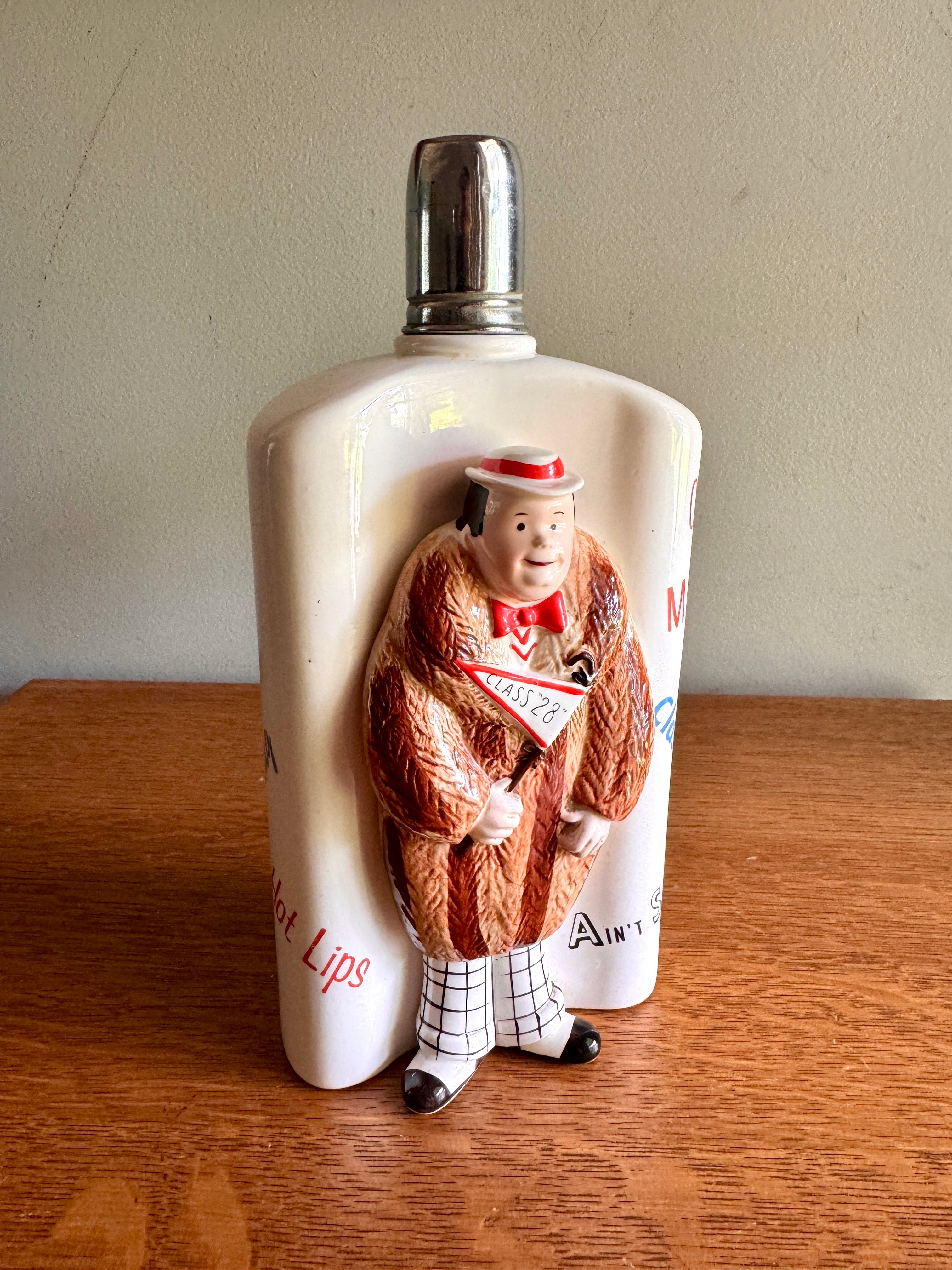 Ceramic Roaring 20's Theme Flask ~ 3D Gentleman in Raccoon Coat Flask ~ Japan Novelty Flask ~ Roaring 20s Bar Decor