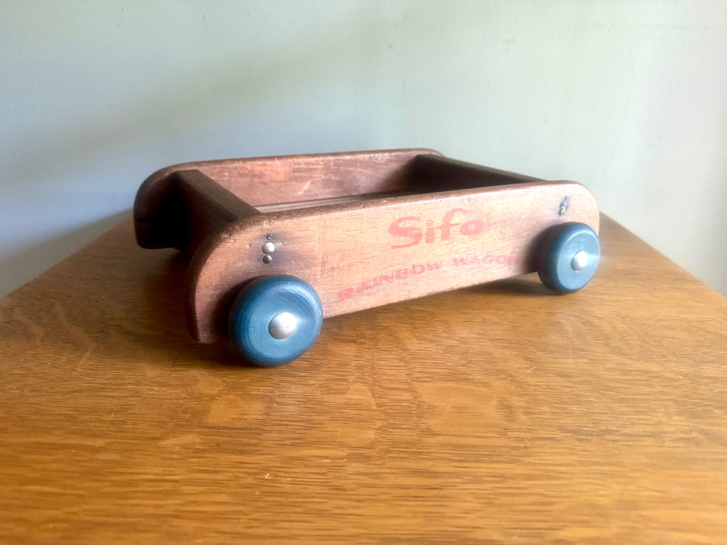 Vintage Distressed Wood Wagon Pull Toy | Silo Rainbow Wagon | Small Wooden Pull Wagon | Rustic Wagon Pull Toy | Wooden Wheel Wagon