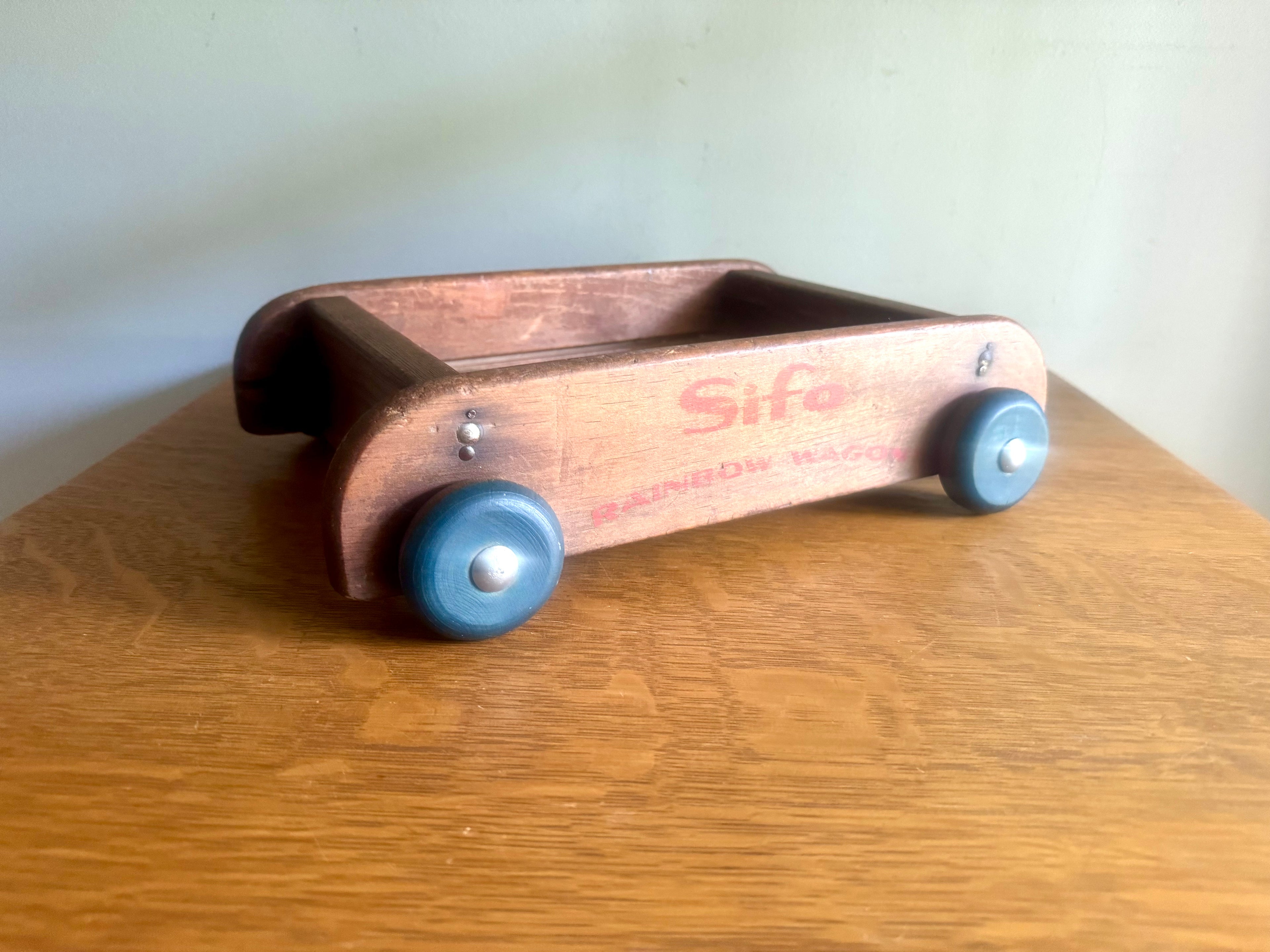 Vintage Distressed Wood Wagon Pull Toy | Silo Rainbow Wagon | Small Wooden Pull Wagon | Rustic Wagon Pull Toy | Wooden Wheel Wagon