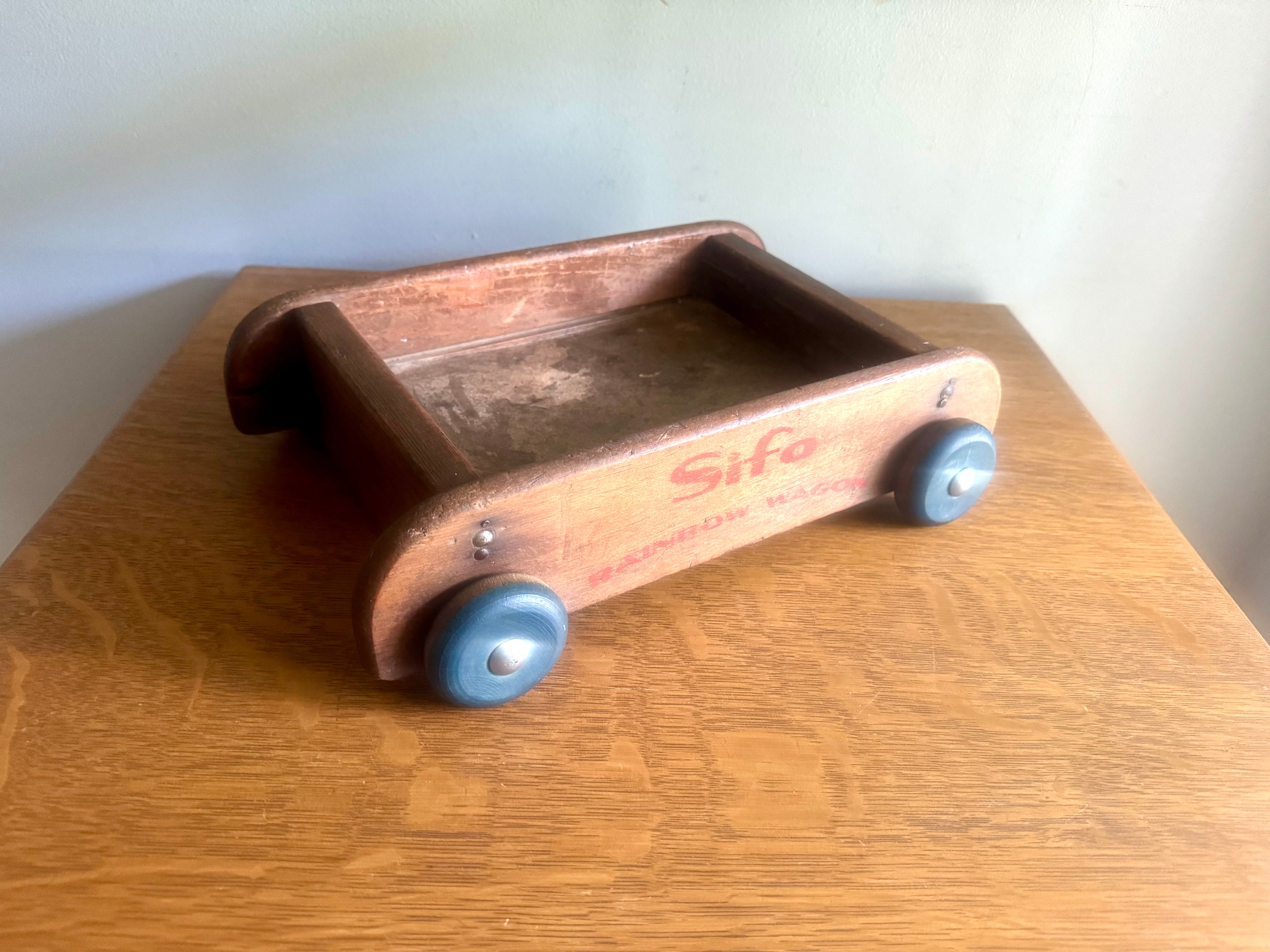 Vintage Distressed Wood Wagon Pull Toy | Silo Rainbow Wagon | Small Wooden Pull Wagon | Rustic Wagon Pull Toy | Wooden Wheel Wagon