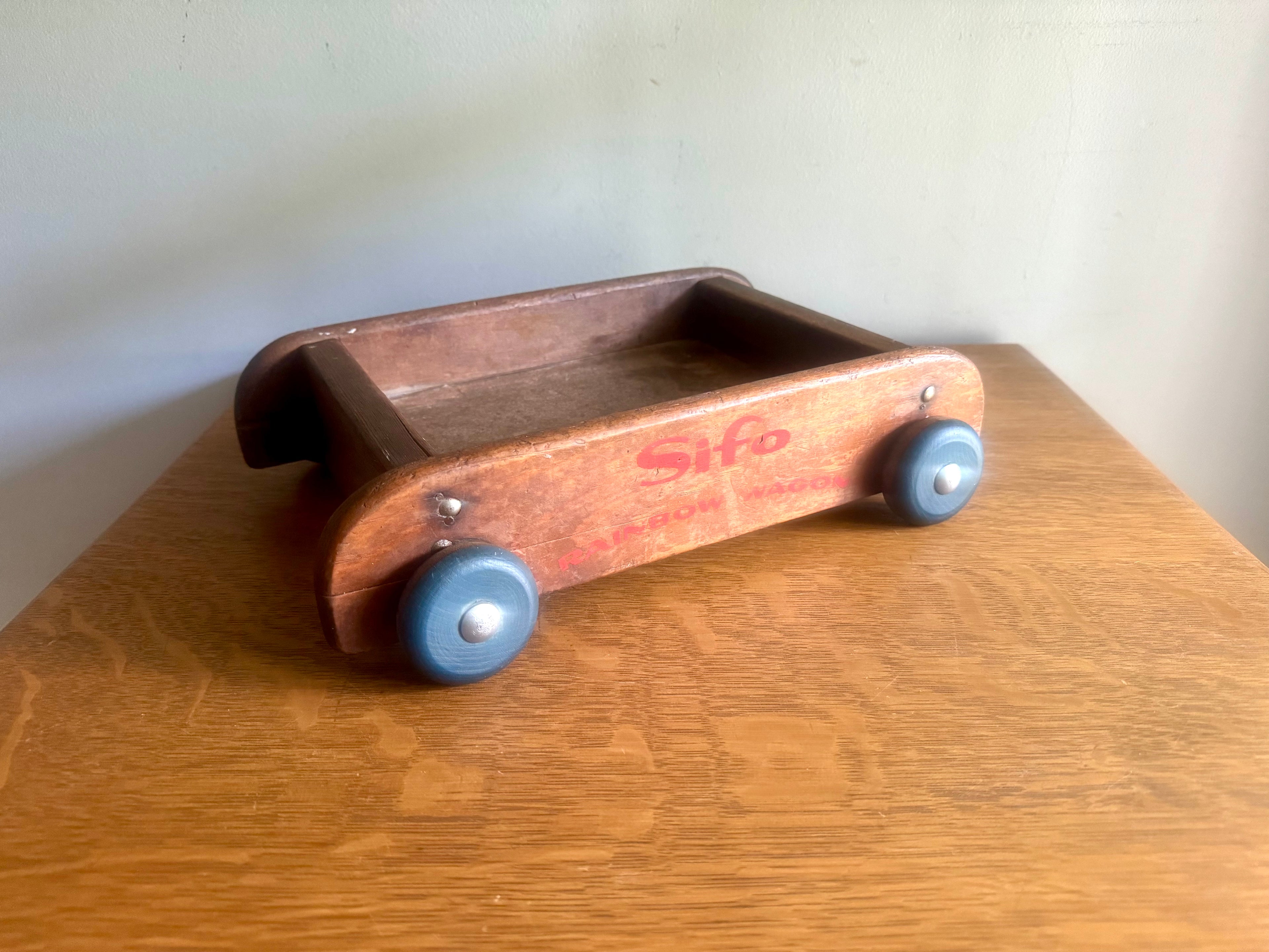 Vintage Distressed Wood Wagon Pull Toy | Silo Rainbow Wagon | Small Wooden Pull Wagon | Rustic Wagon Pull Toy | Wooden Wheel Wagon