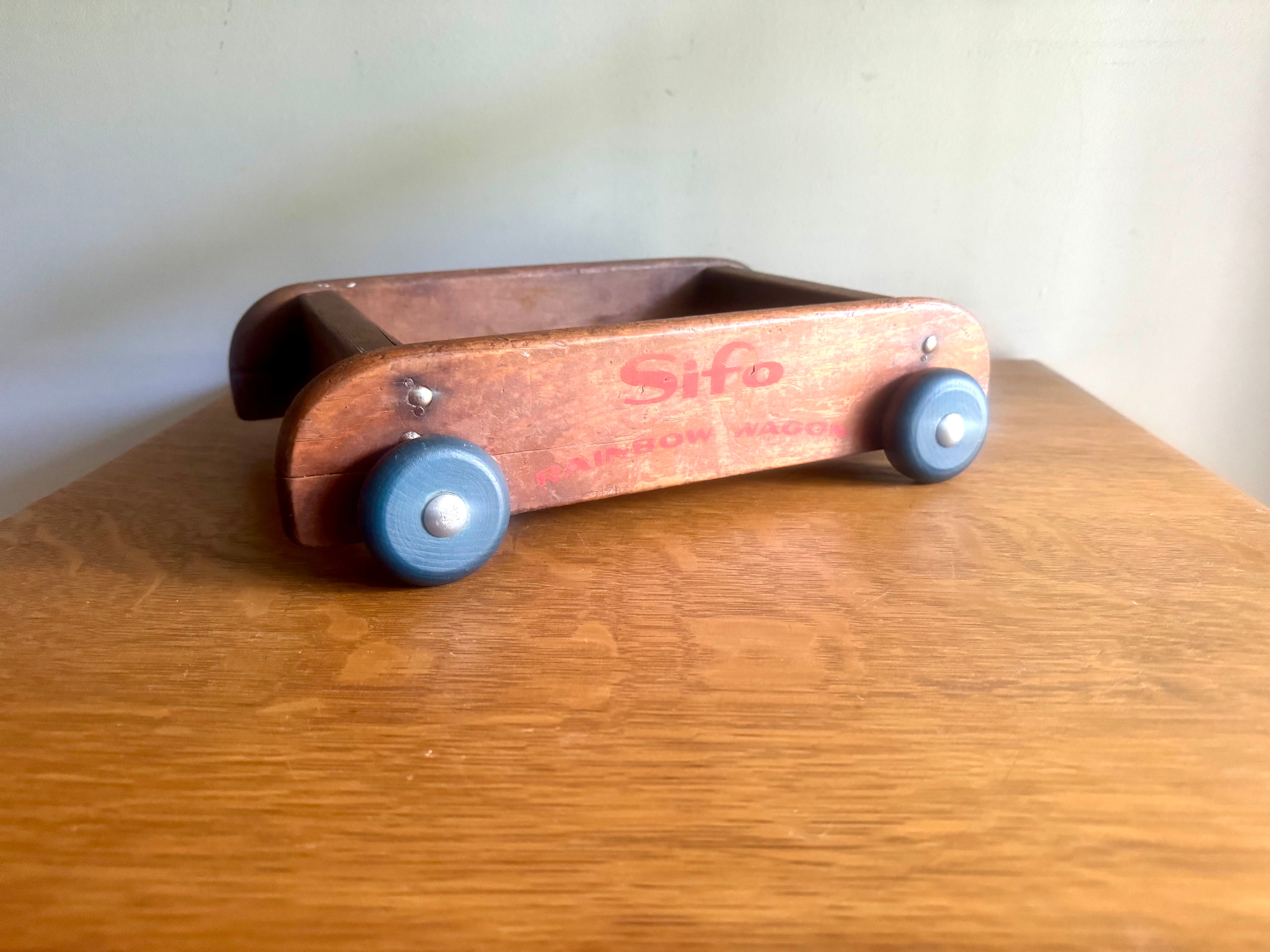 Vintage Distressed Wood Wagon Pull Toy | Silo Rainbow Wagon | Small Wooden Pull Wagon | Rustic Wagon Pull Toy | Wooden Wheel Wagon