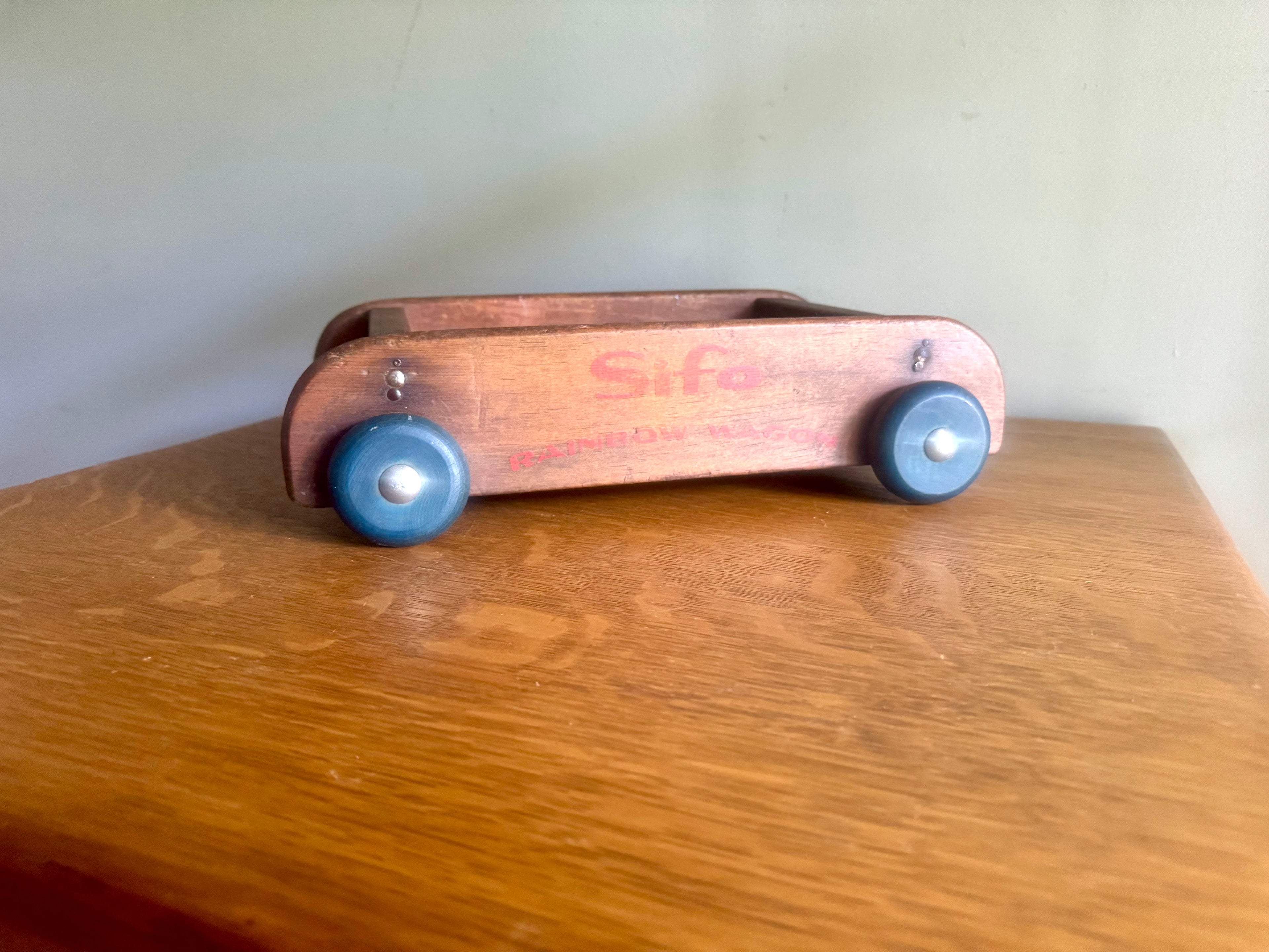 Vintage Distressed Wood Wagon Pull Toy | Silo Rainbow Wagon | Small Wooden Pull Wagon | Rustic Wagon Pull Toy | Wooden Wheel Wagon