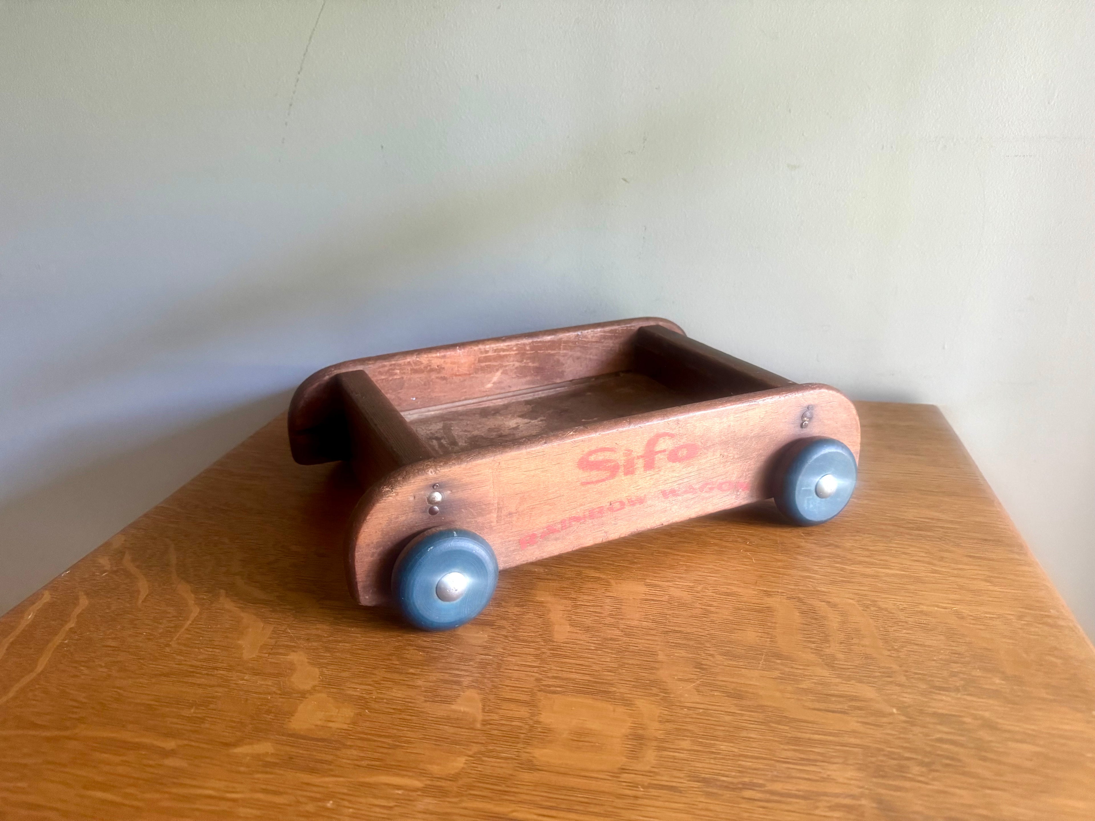 Vintage Distressed Wood Wagon Pull Toy | Silo Rainbow Wagon | Small Wooden Pull Wagon | Rustic Wagon Pull Toy | Wooden Wheel Wagon