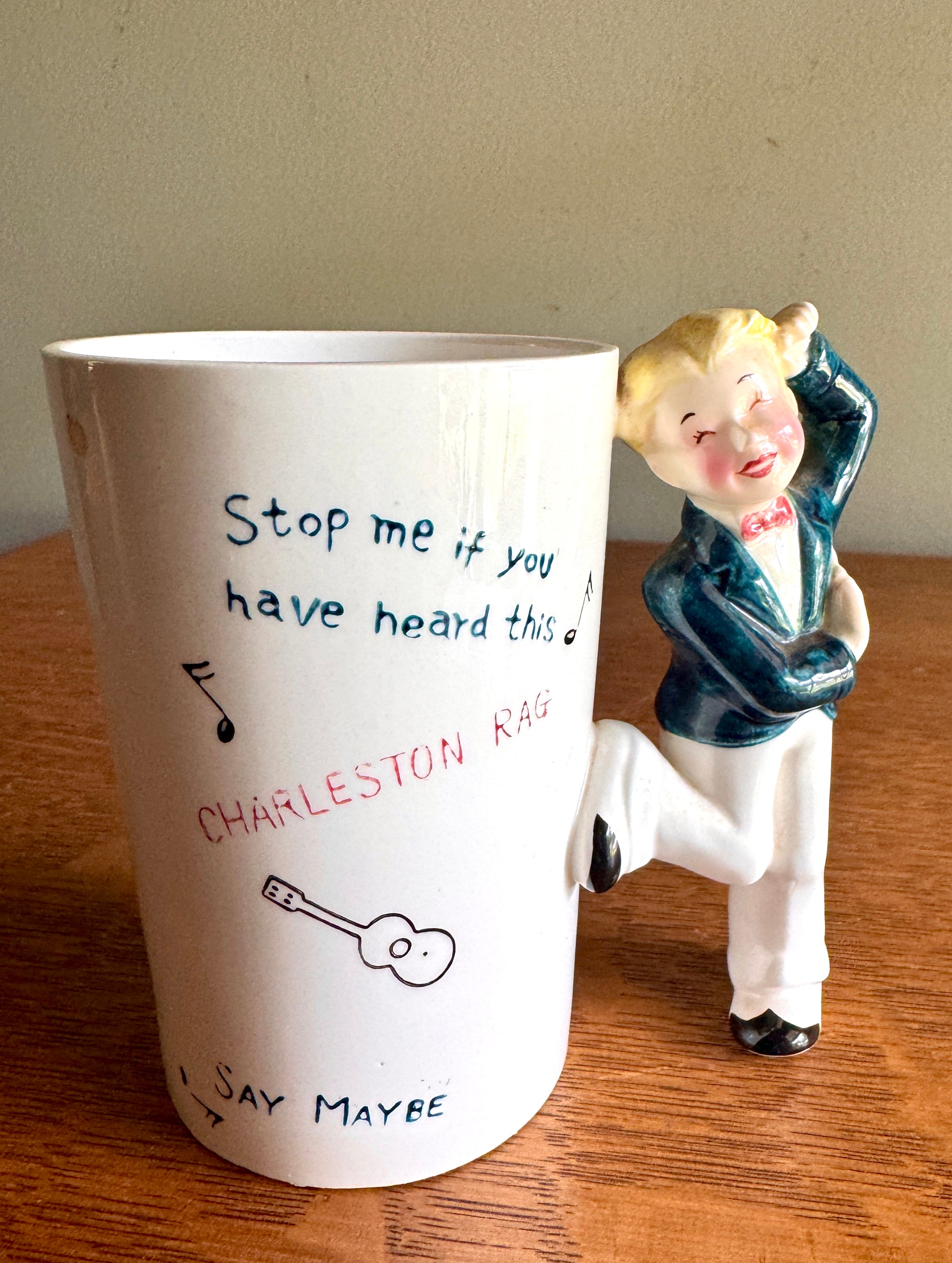 Roaring 20's Charleston Rag Collectors Mug with Handle in the Shape of 1920s Male Dancer in Blue Suit and Red Bow Tie