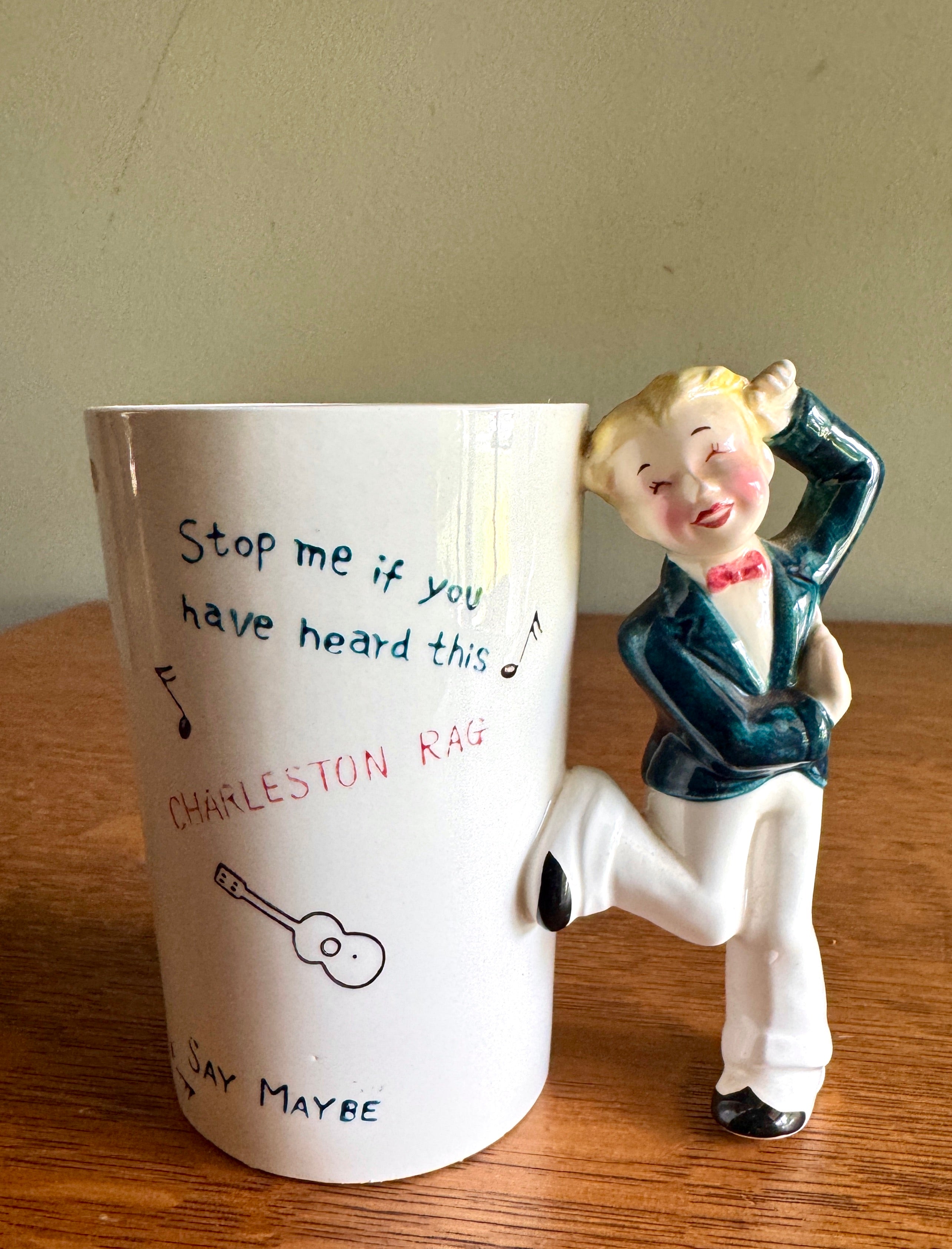 Roaring 20's Charleston Rag Collectors Mug with Handle in the Shape of 1920s Male Dancer in Blue Suit and Red Bow Tie