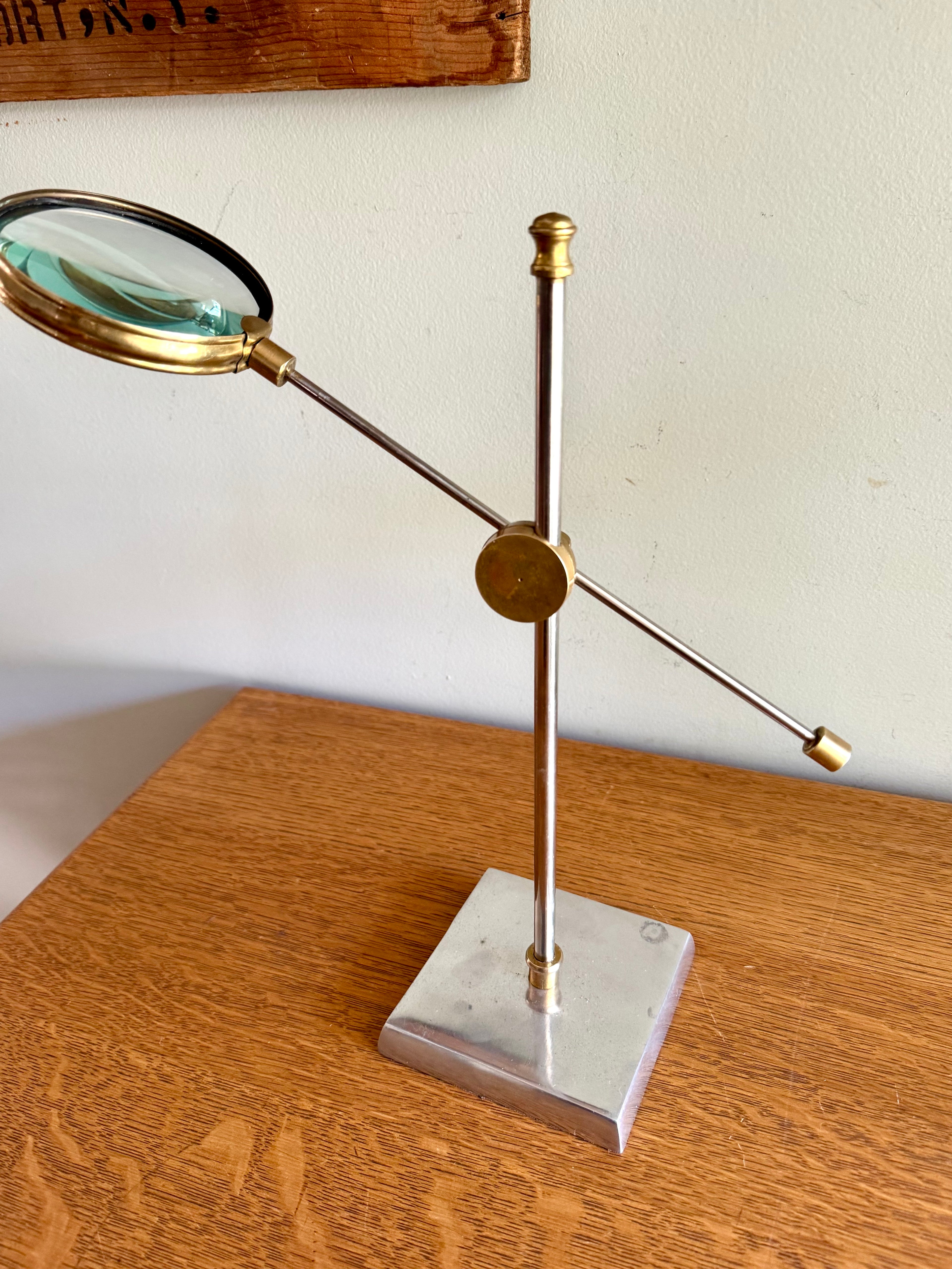 Vintage Solid Brass Magnifying Glass Stand | Desk Top Magnifying Glass on Stand | Adjustable Magnifying Stand | Standing Magnifying Glass