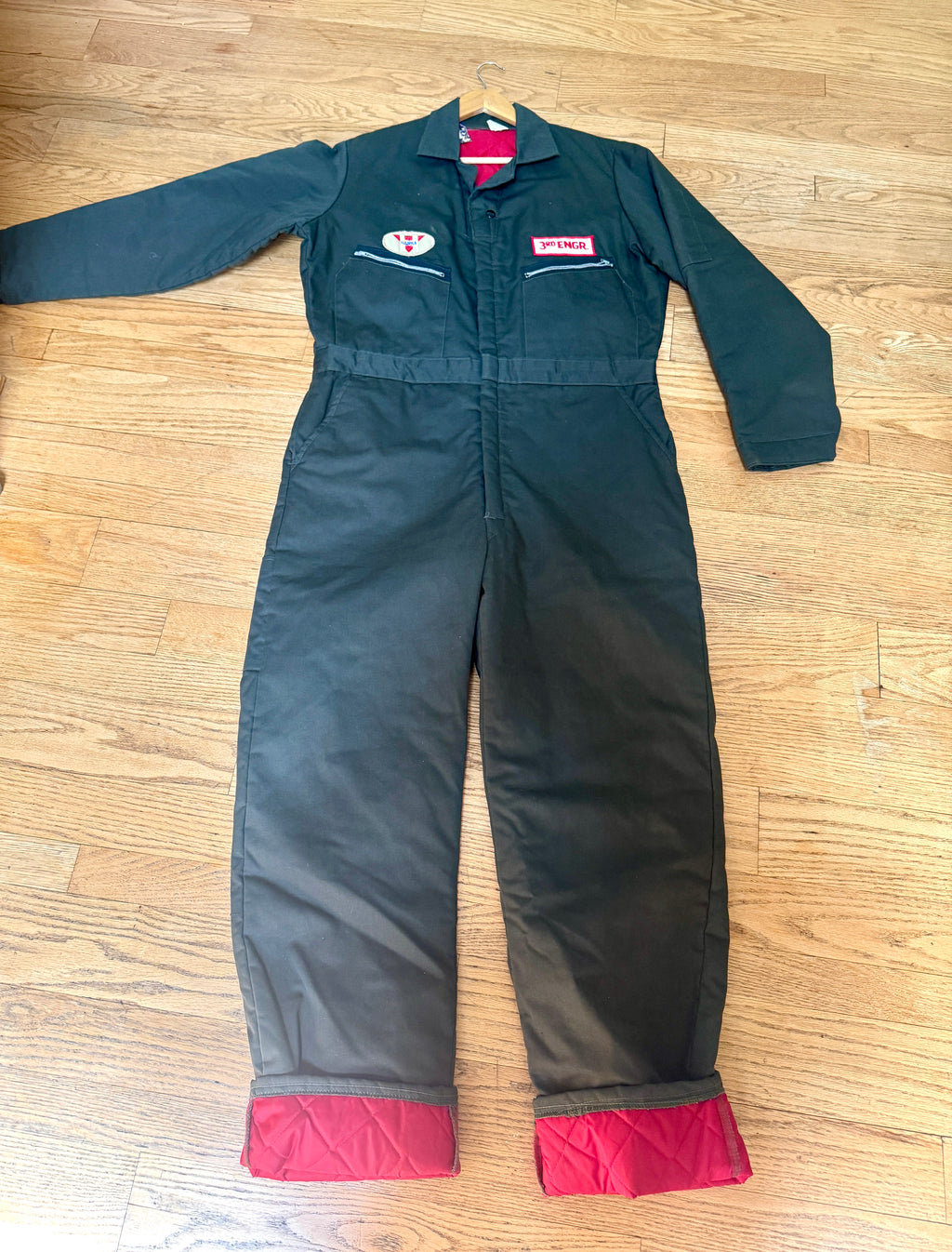 1980s Workwear Quilted Coveralls With Patches ~ Green Insulated Coveralls Size Large