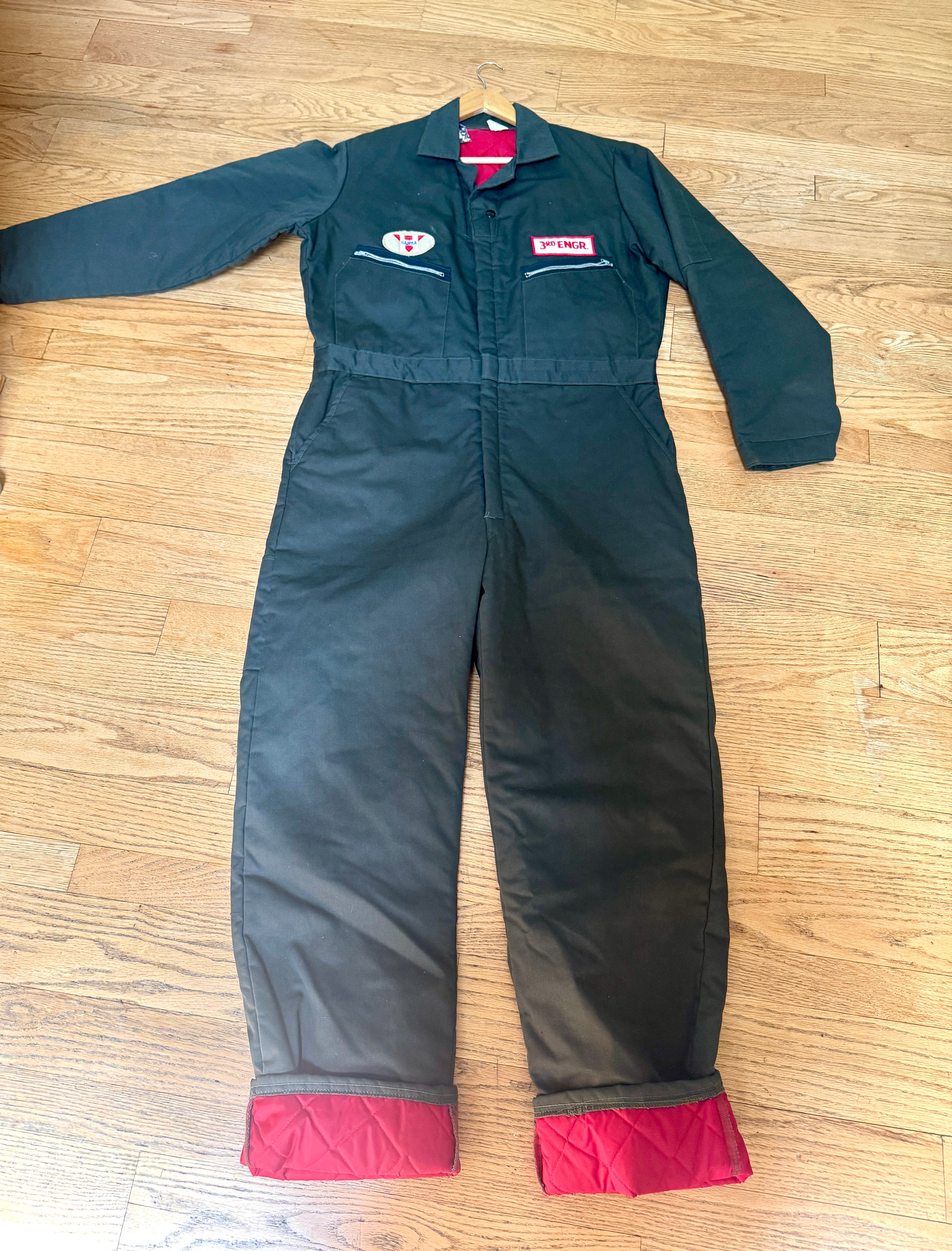 1980s Workwear Quilted Coveralls With Patches ~ Green Insulated Coveralls Size Large