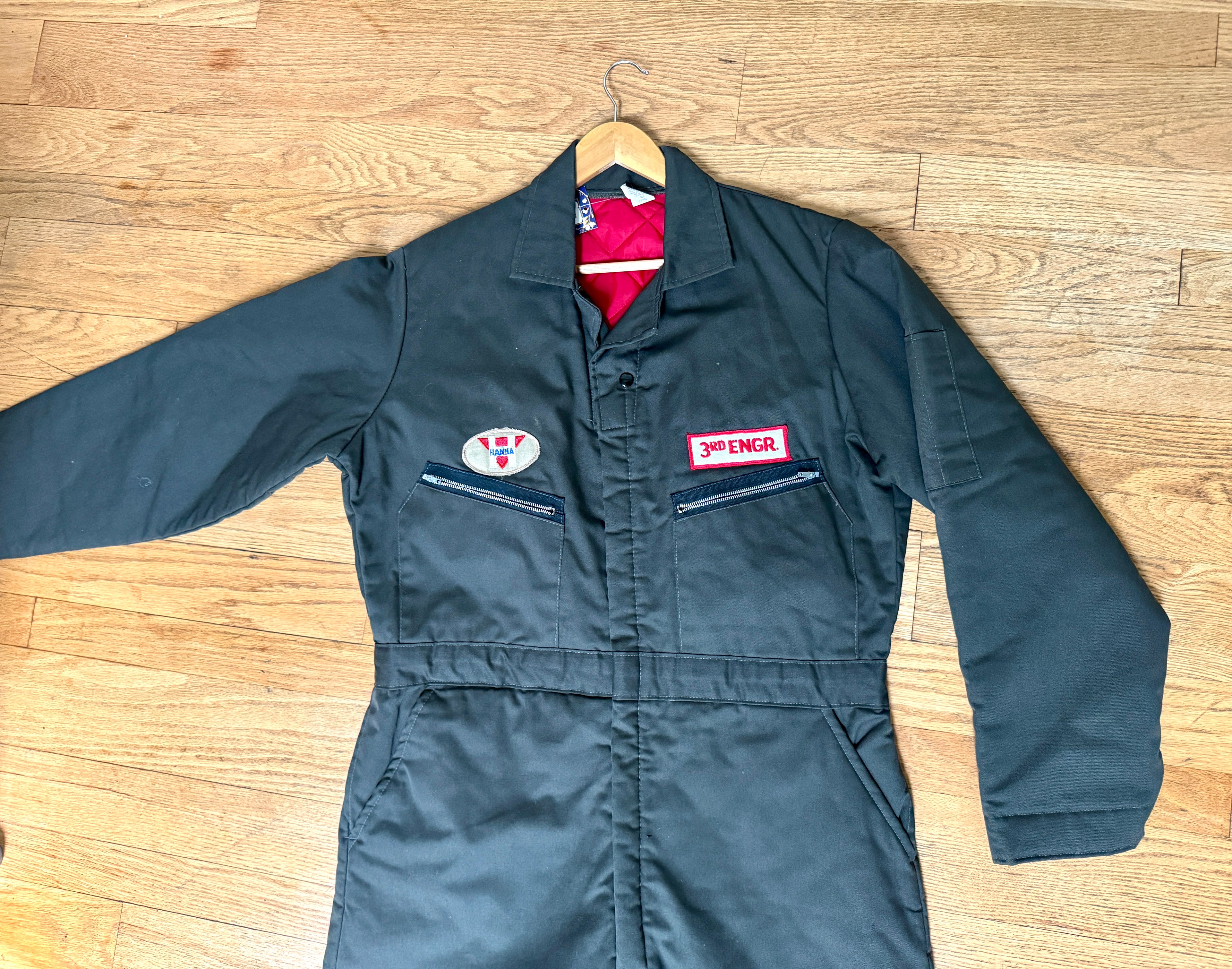 1980s Workwear Quilted Coveralls With Patches ~ Green Insulated Coveralls Size Large