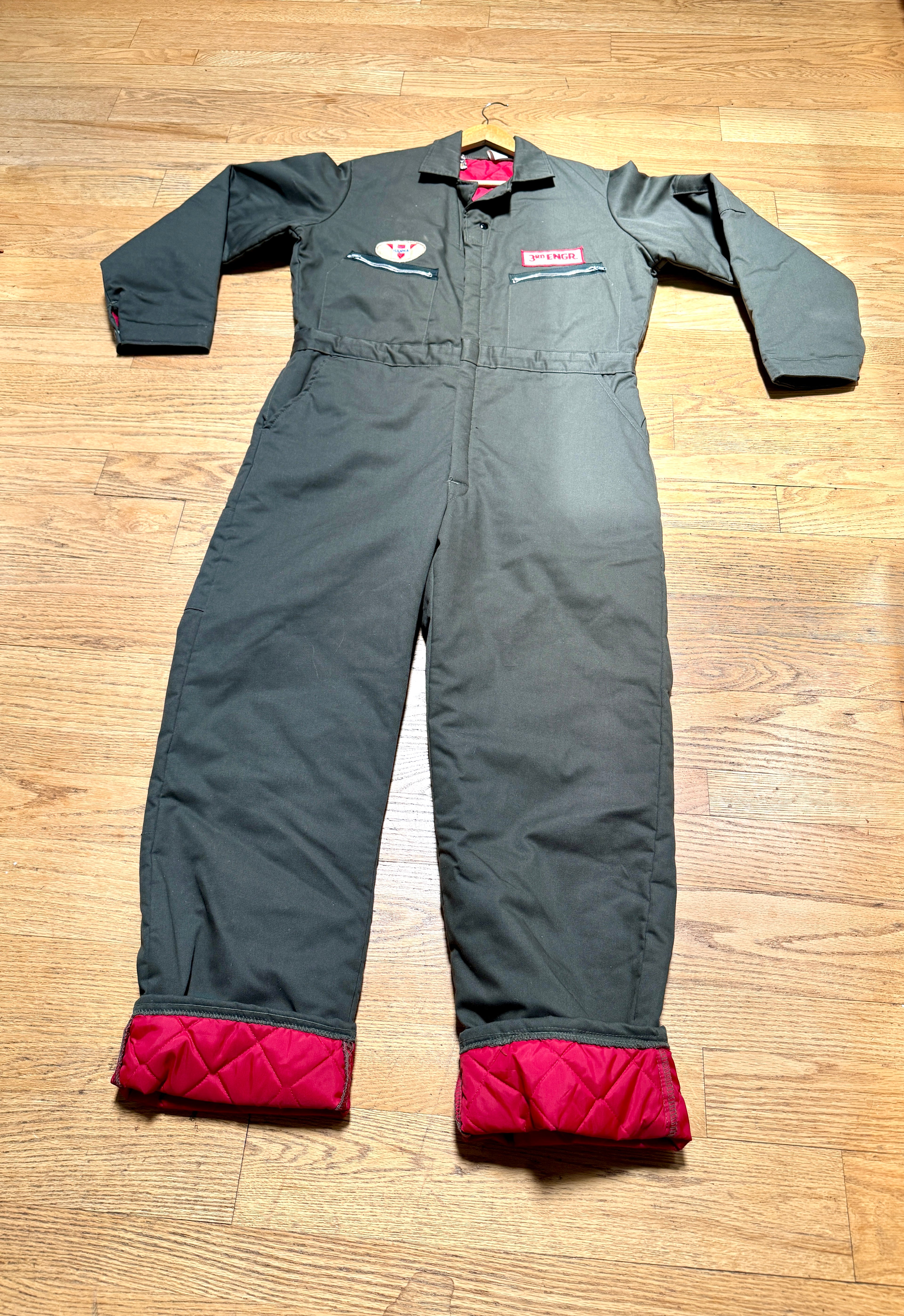 1980s Workwear Quilted Coveralls With Patches ~ Green Insulated Coveralls Size Large