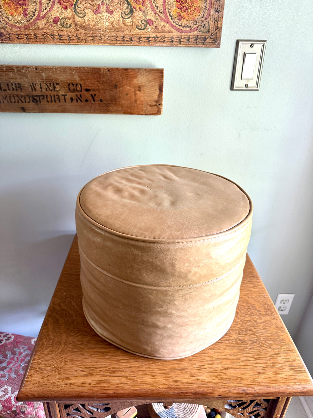 Mid Century Tan Round Ottoman | Round Vinyl Foot Stool | Beige Vinyl Ottoman | Round Hassock Pouf