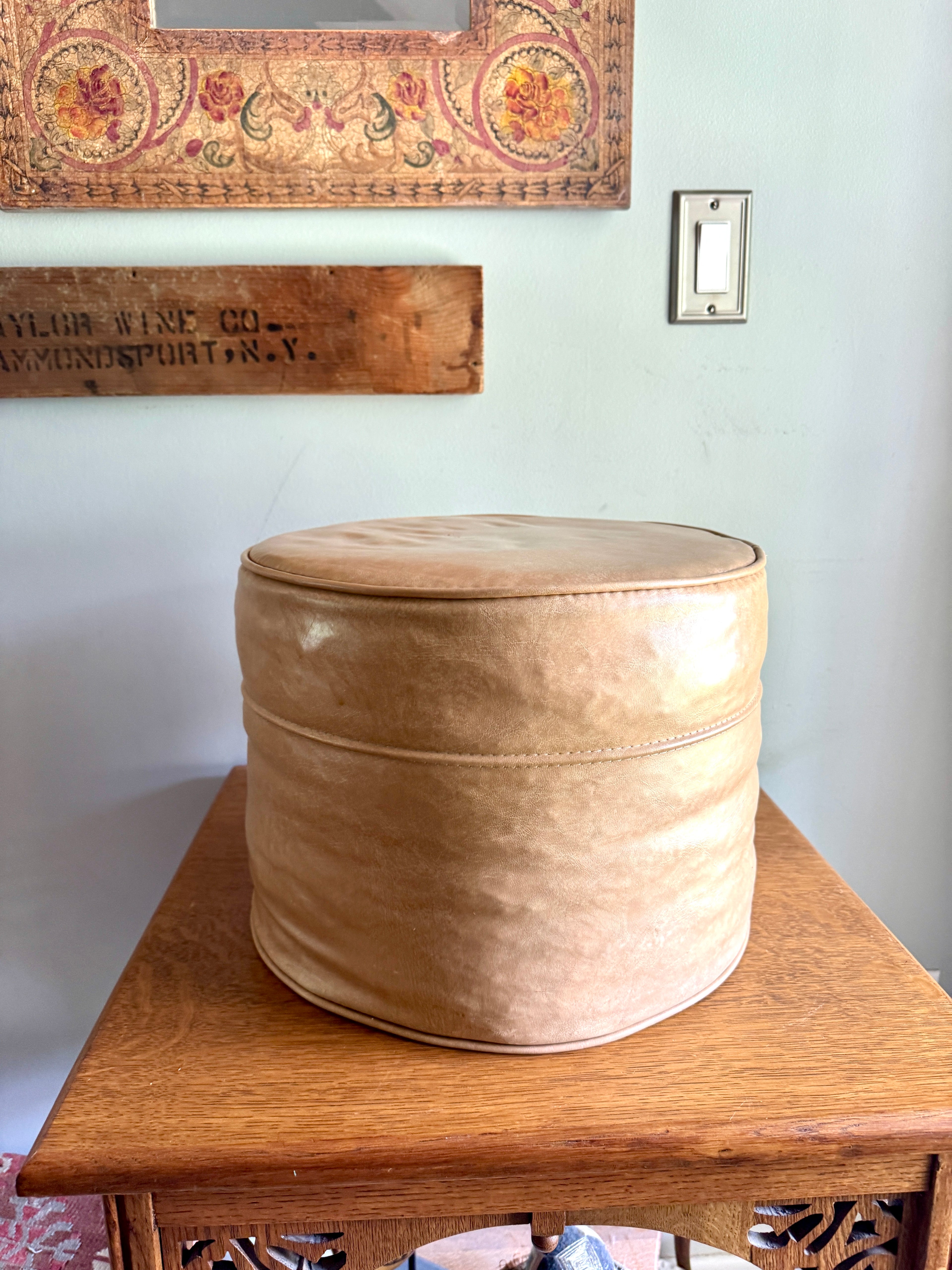 Mid Century Tan Round Ottoman | Round Vinyl Foot Stool | Beige Vinyl Ottoman | Round Hassock Pouf