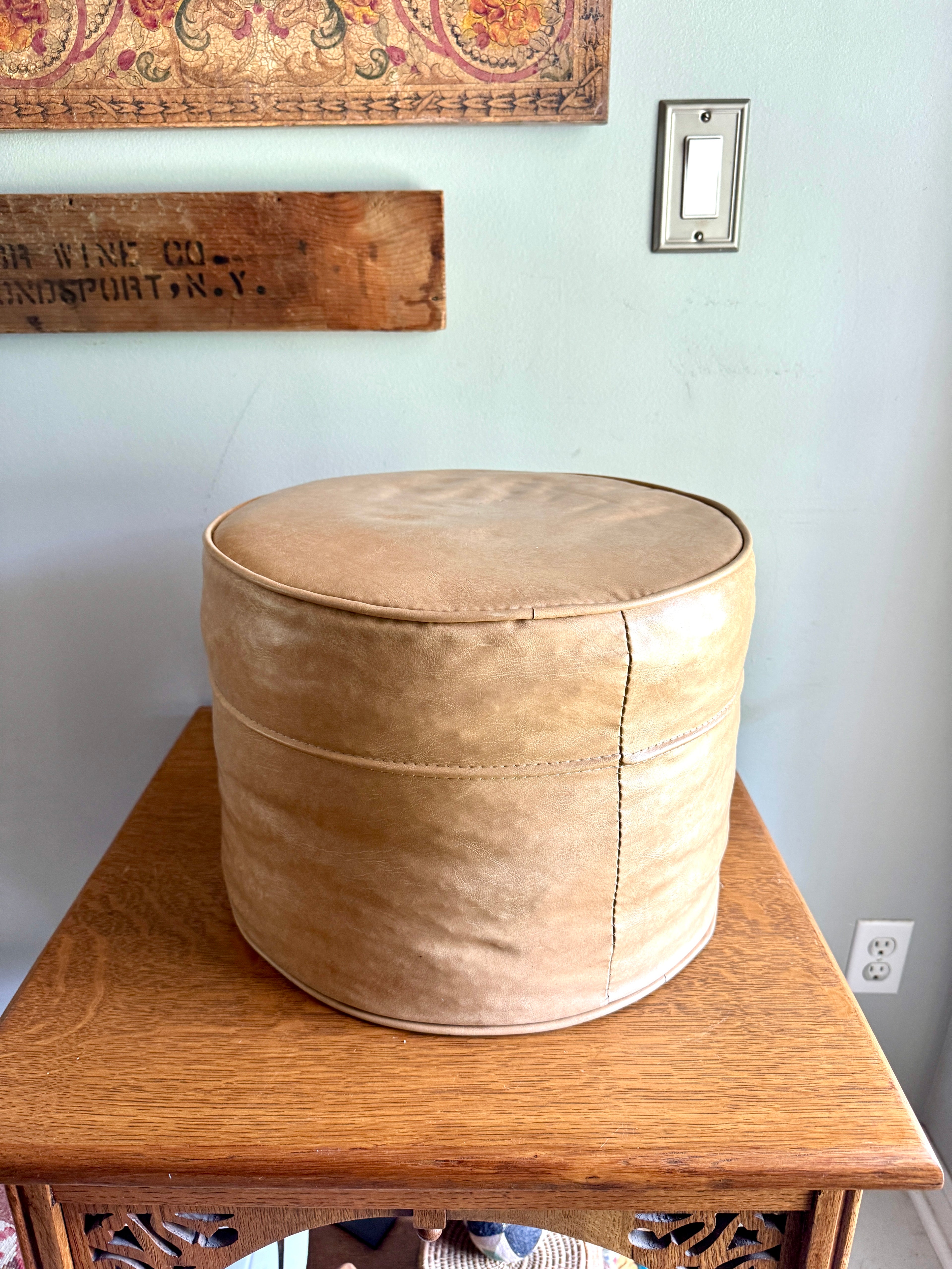 Mid Century Tan Round Ottoman | Round Vinyl Foot Stool | Beige Vinyl Ottoman | Round Hassock Pouf