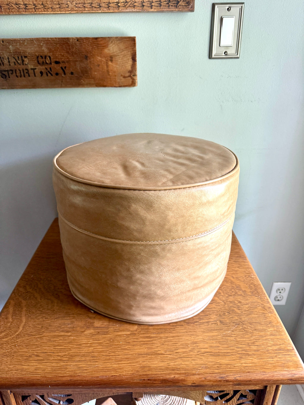 Mid Century Tan Round Ottoman | Round Vinyl Foot Stool | Beige Vinyl Ottoman | Round Hassock Pouf