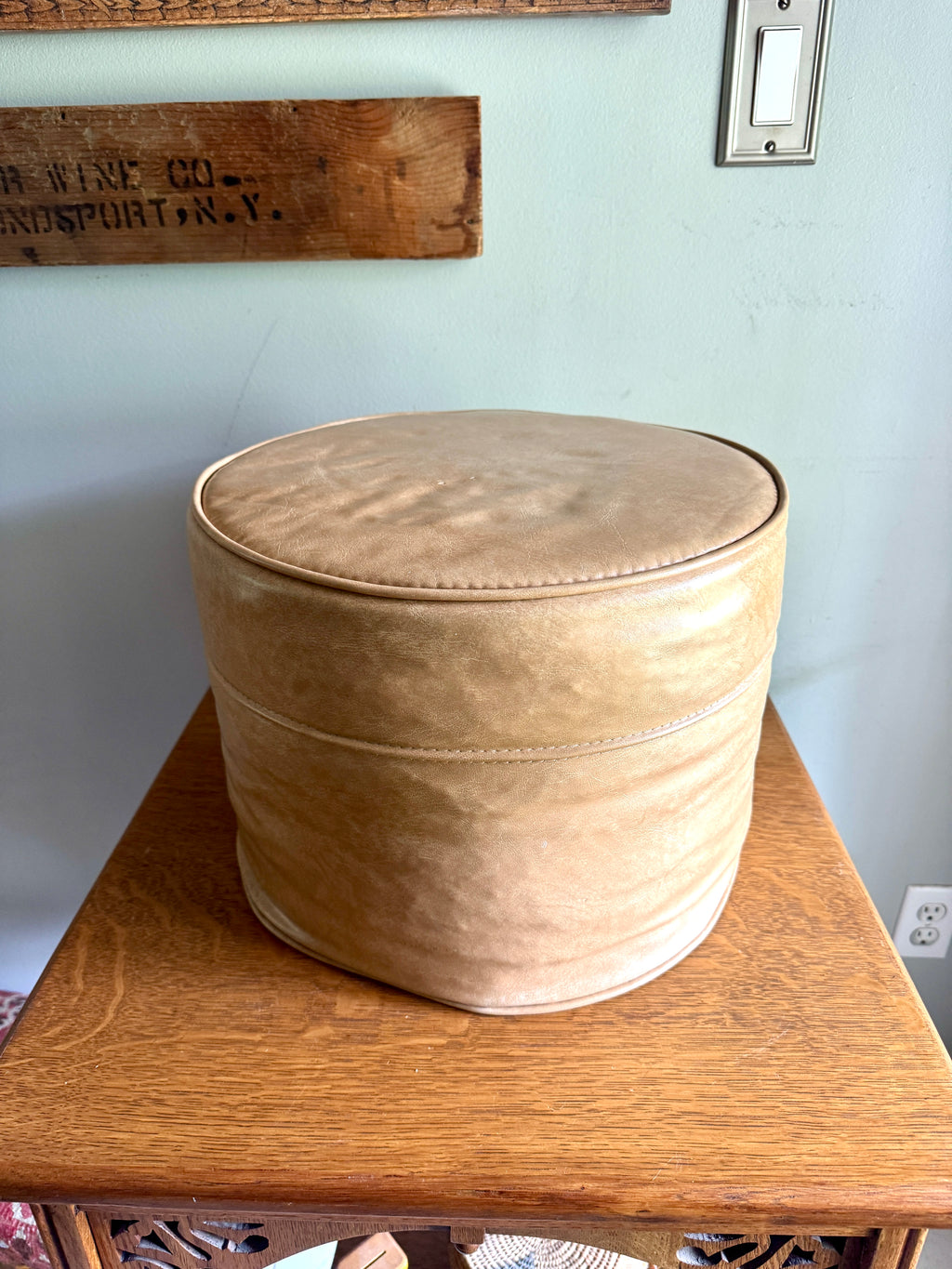 Mid Century Tan Round Ottoman | Round Vinyl Foot Stool | Beige Vinyl Ottoman | Round Hassock Pouf