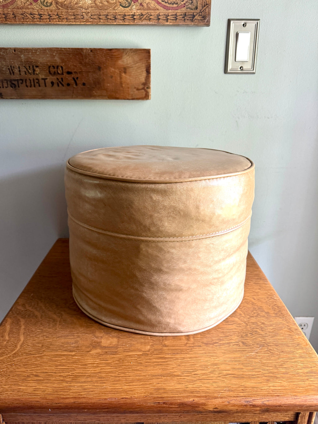 Mid Century Tan Round Ottoman | Round Vinyl Foot Stool | Beige Vinyl Ottoman | Round Hassock Pouf