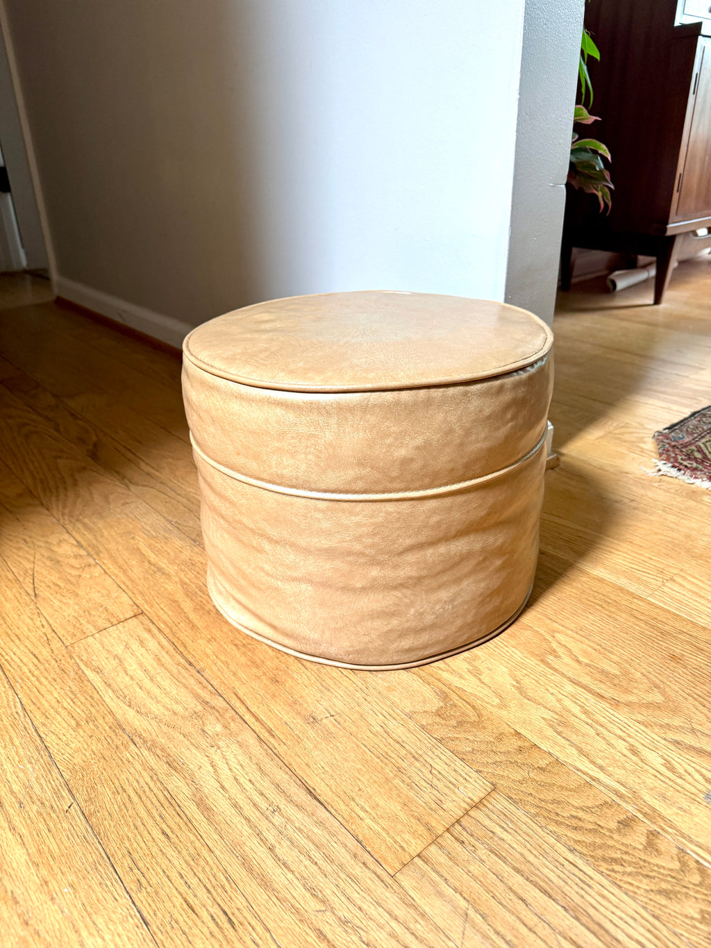 Mid Century Tan Round Ottoman | Round Vinyl Foot Stool | Beige Vinyl Ottoman | Round Hassock Pouf