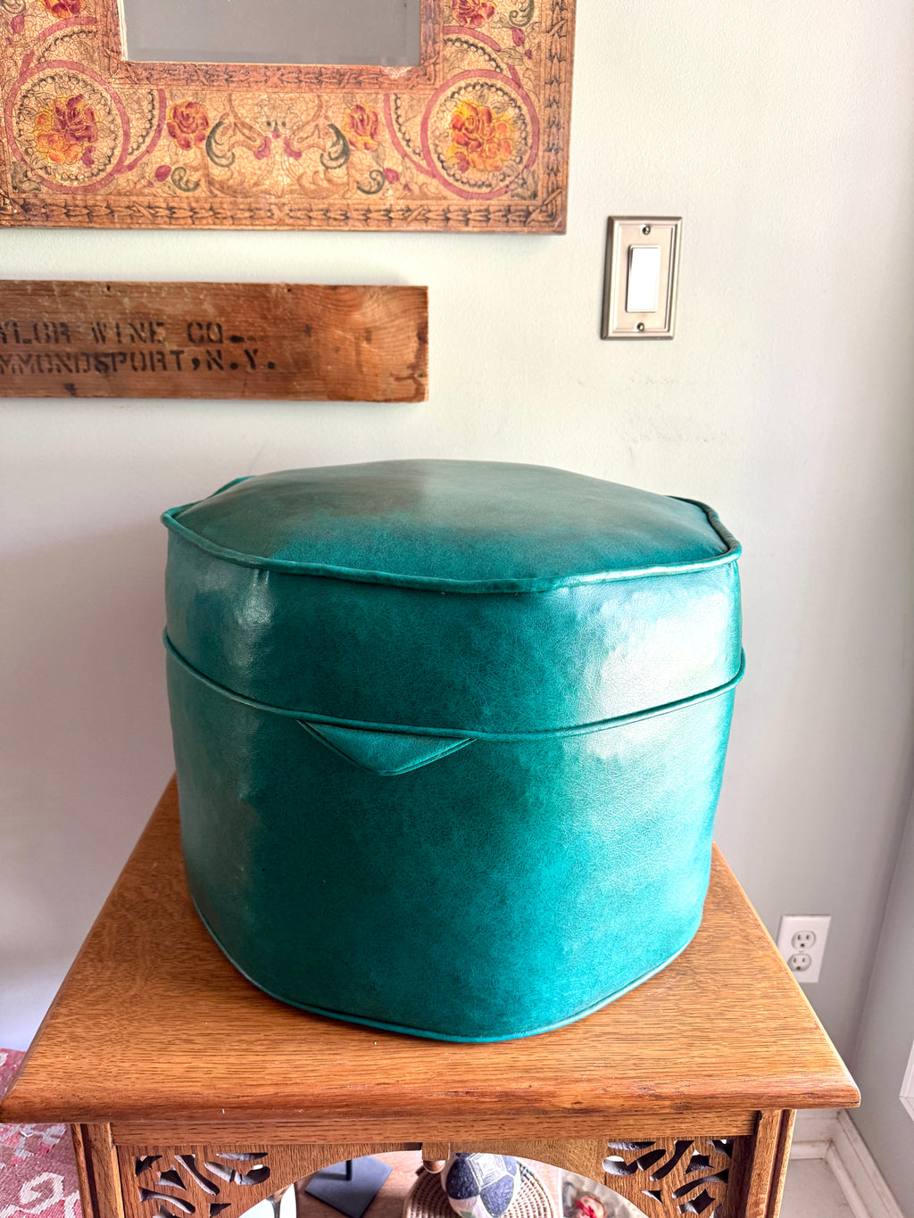 1960's Turquoise Vinyl Octagon Ottoman ~ Vinyl Hassock Ottoman Pouf