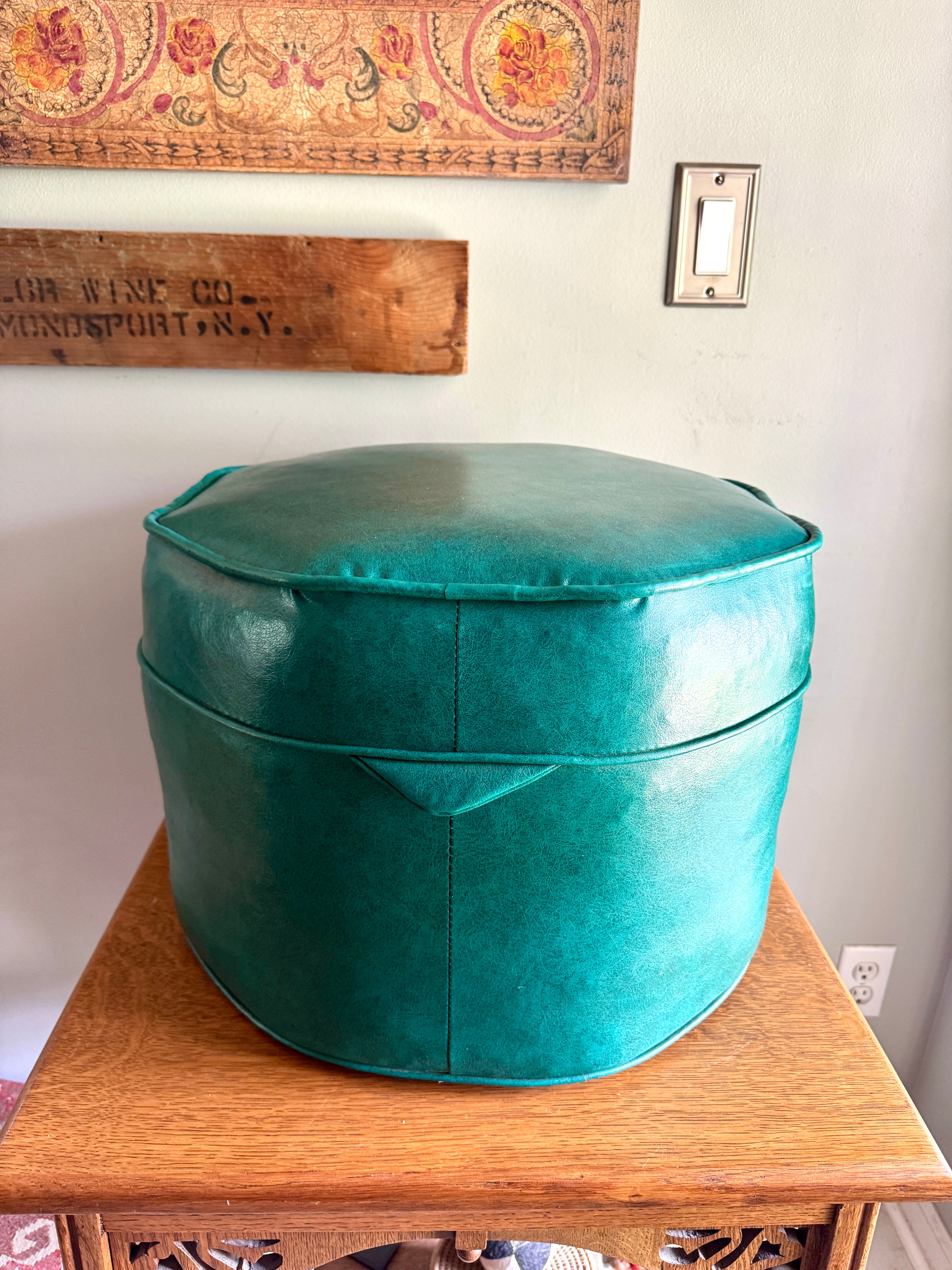 1960's Turquoise Vinyl Octagon Ottoman ~ Vinyl Hassock Ottoman Pouf