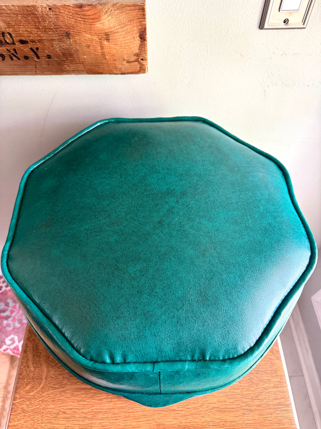 1960's Turquoise Vinyl Octagon Ottoman ~ Vinyl Hassock Ottoman Pouf
