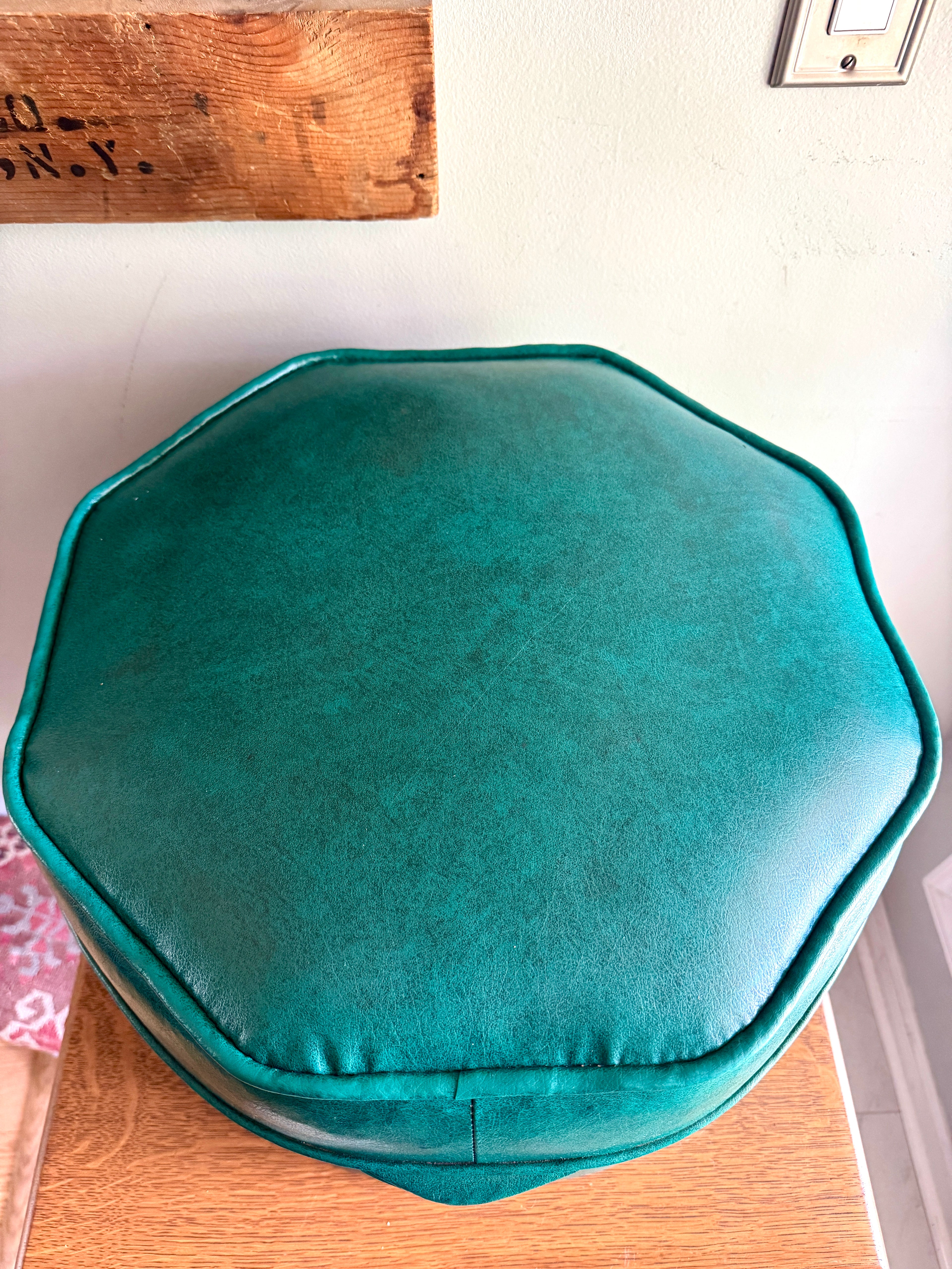 1960's Turquoise Vinyl Octagon Ottoman ~ Vinyl Hassock Ottoman Pouf