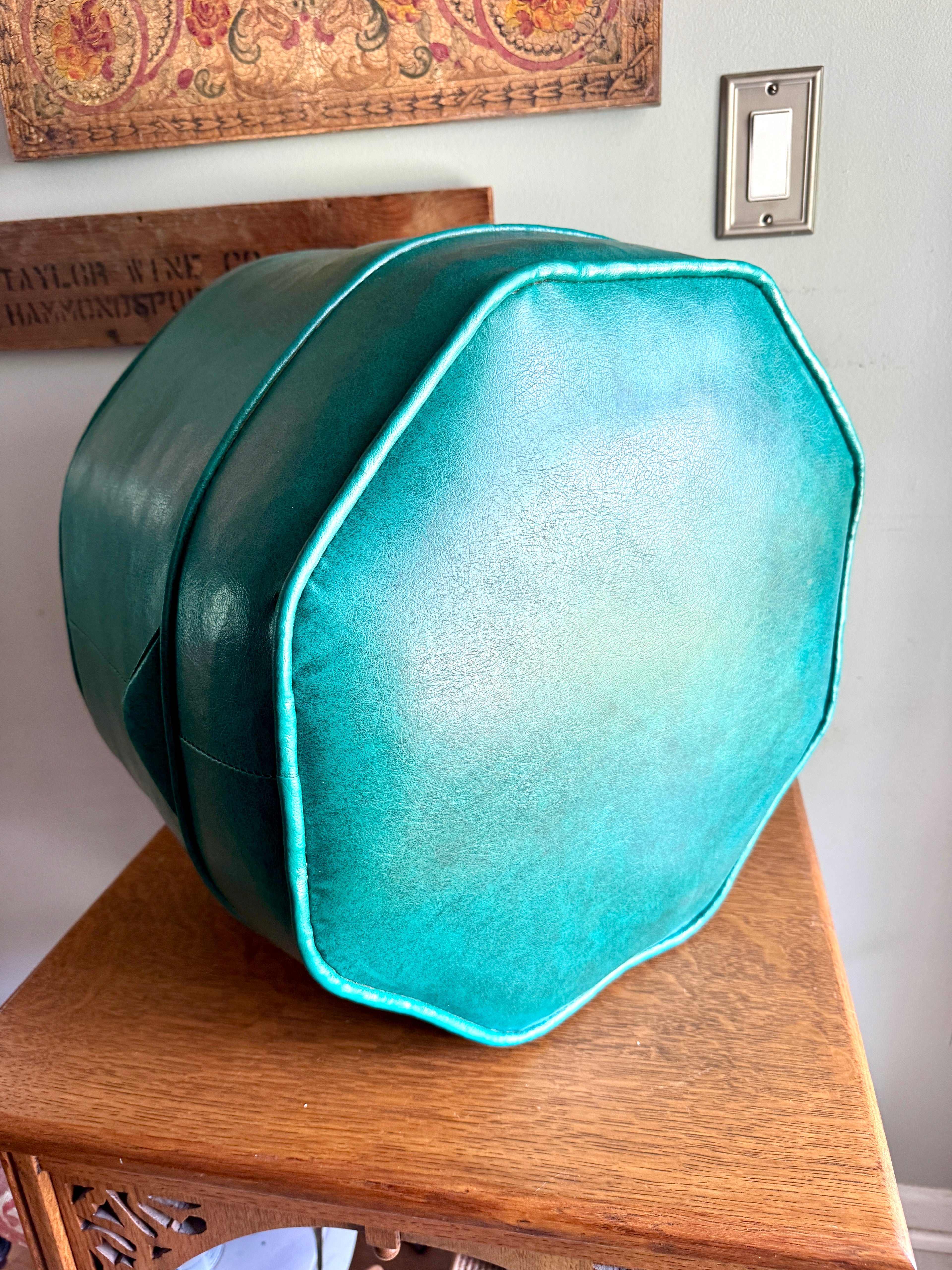 1960's Turquoise Vinyl Octagon Ottoman ~ Vinyl Hassock Ottoman Pouf