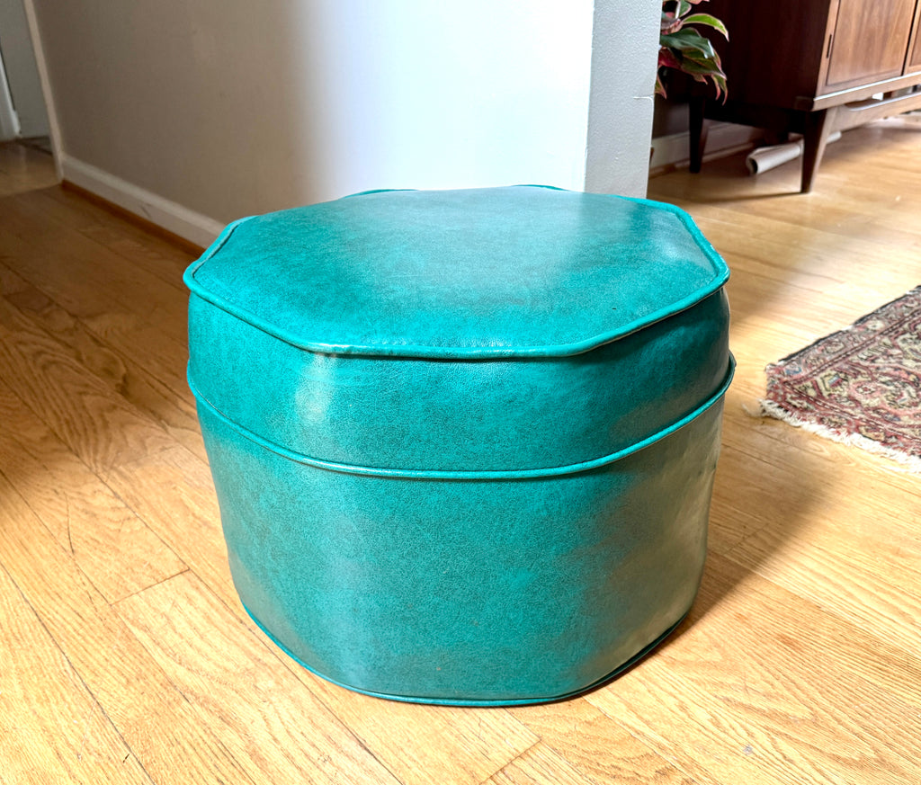 1960's Turquoise Vinyl Octagon Ottoman ~ Vinyl Hassock Ottoman Pouf
