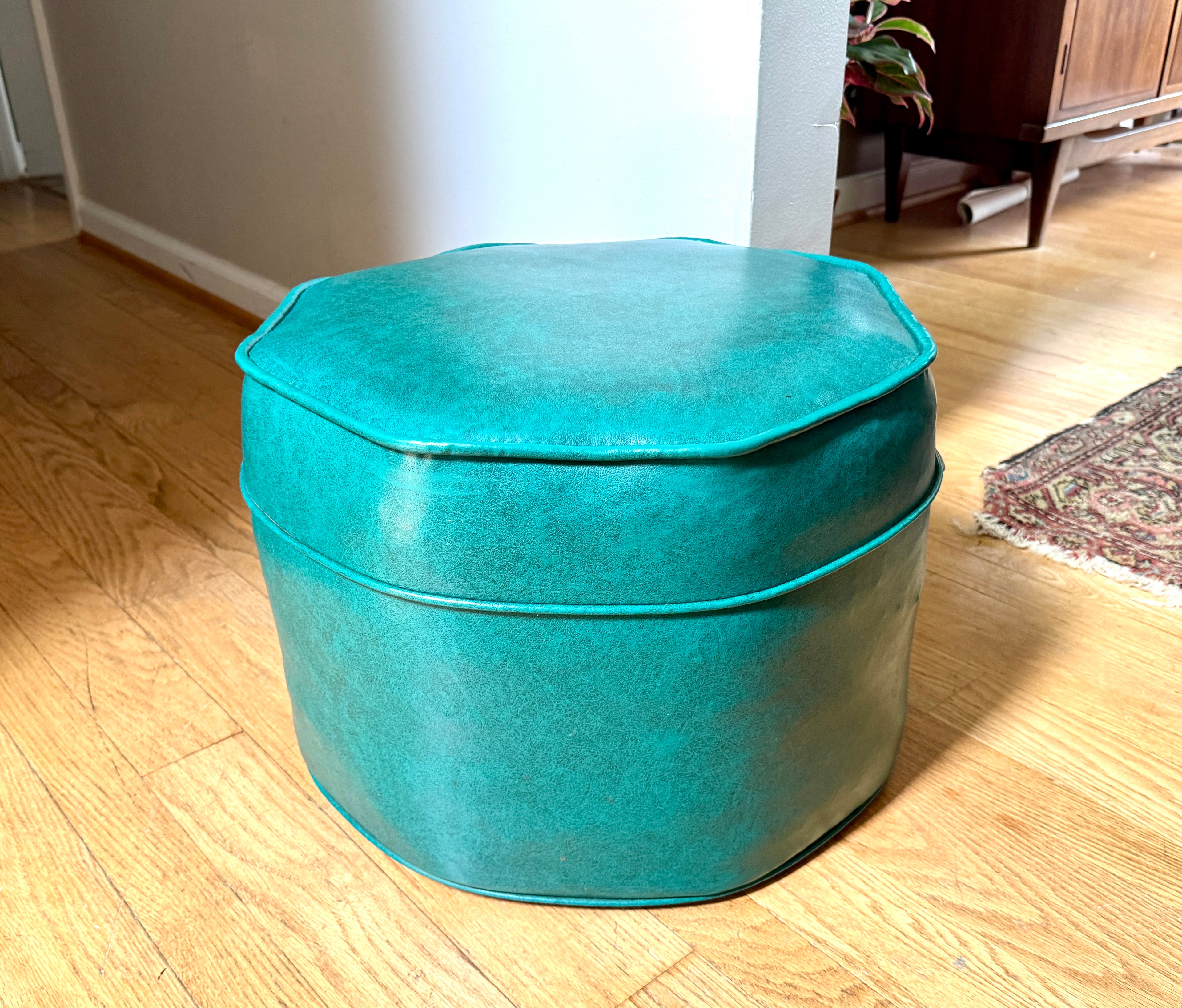 1960's Turquoise Vinyl Octagon Ottoman ~ Vinyl Hassock Ottoman Pouf