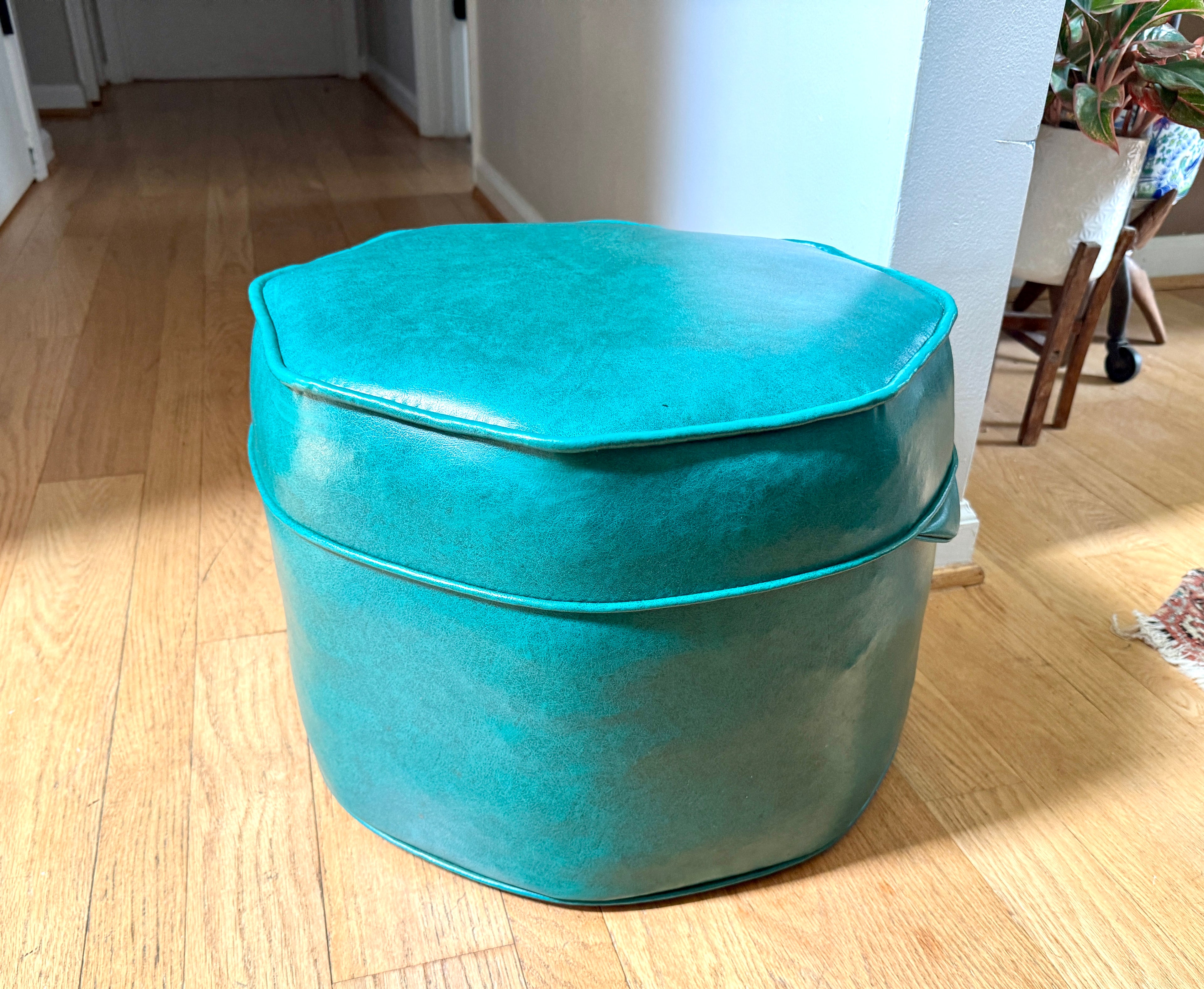 1960's Turquoise Vinyl Octagon Ottoman ~ Vinyl Hassock Ottoman Pouf