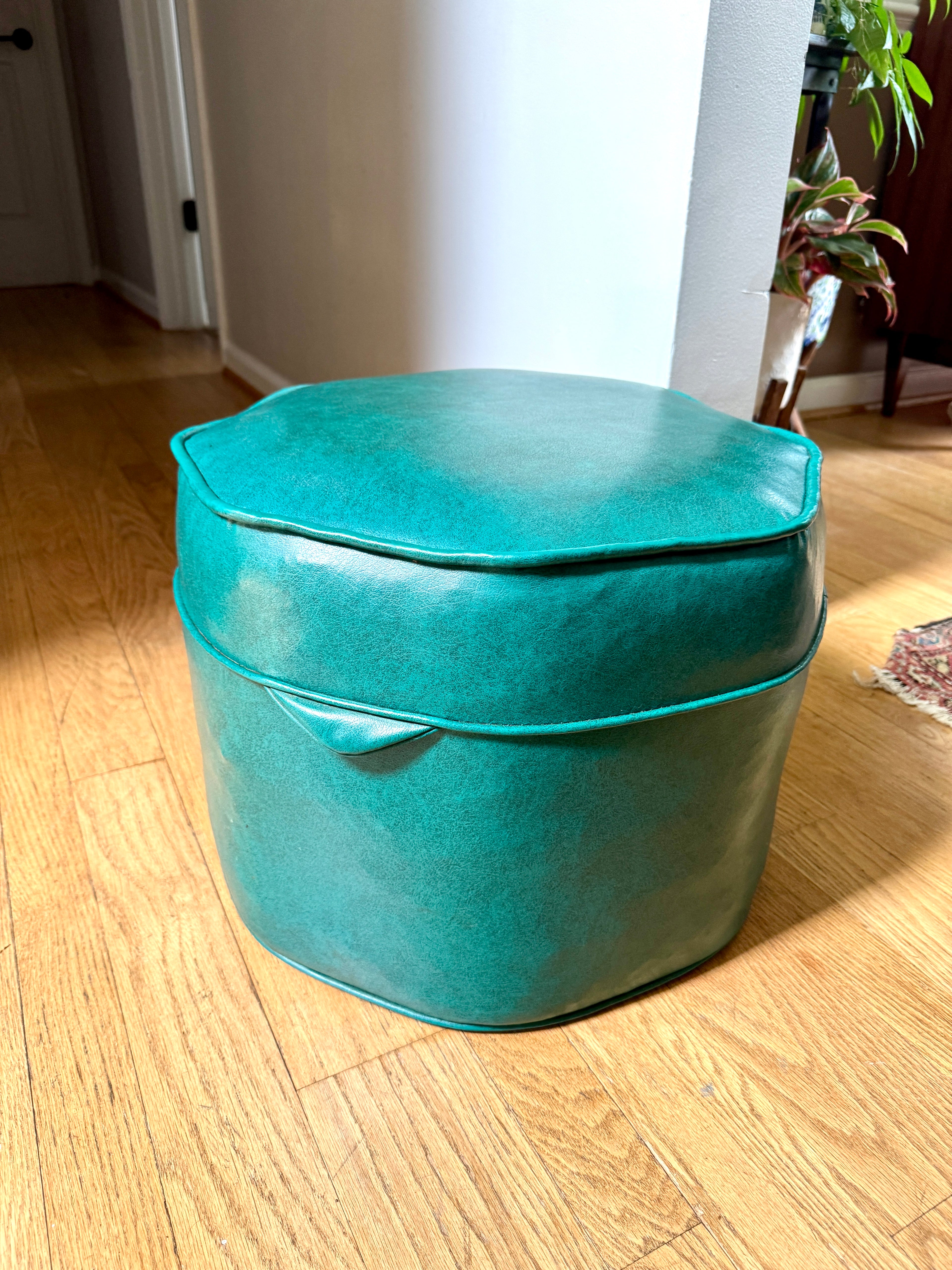 1960's Turquoise Vinyl Octagon Ottoman ~ Vinyl Hassock Ottoman Pouf